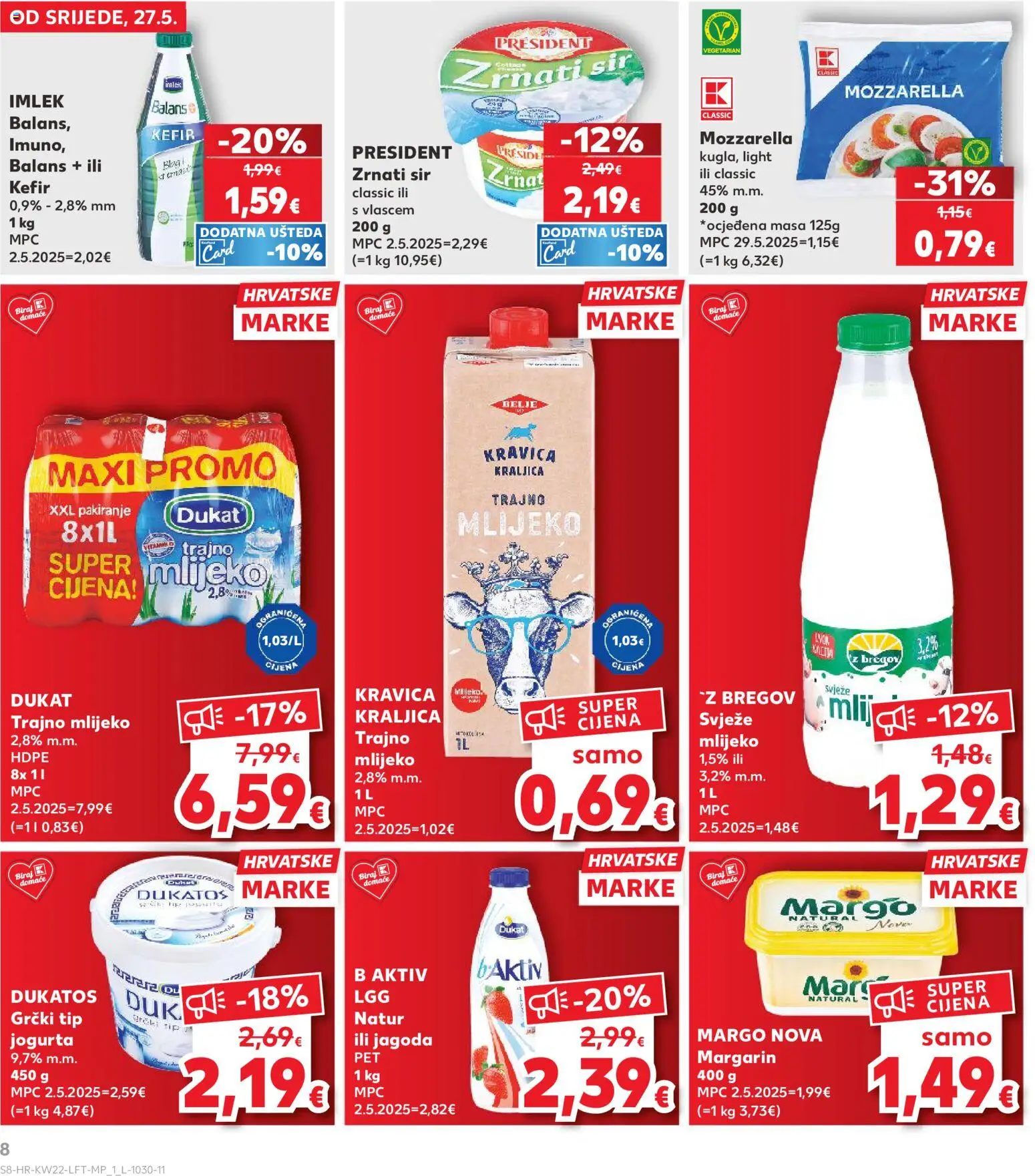 Kaufland katalog | vrijedi od 27.05.2026 | Stranica: 8 | Proizvodi: Mozzarella, Sir, Margarin, Trajno mlijeko