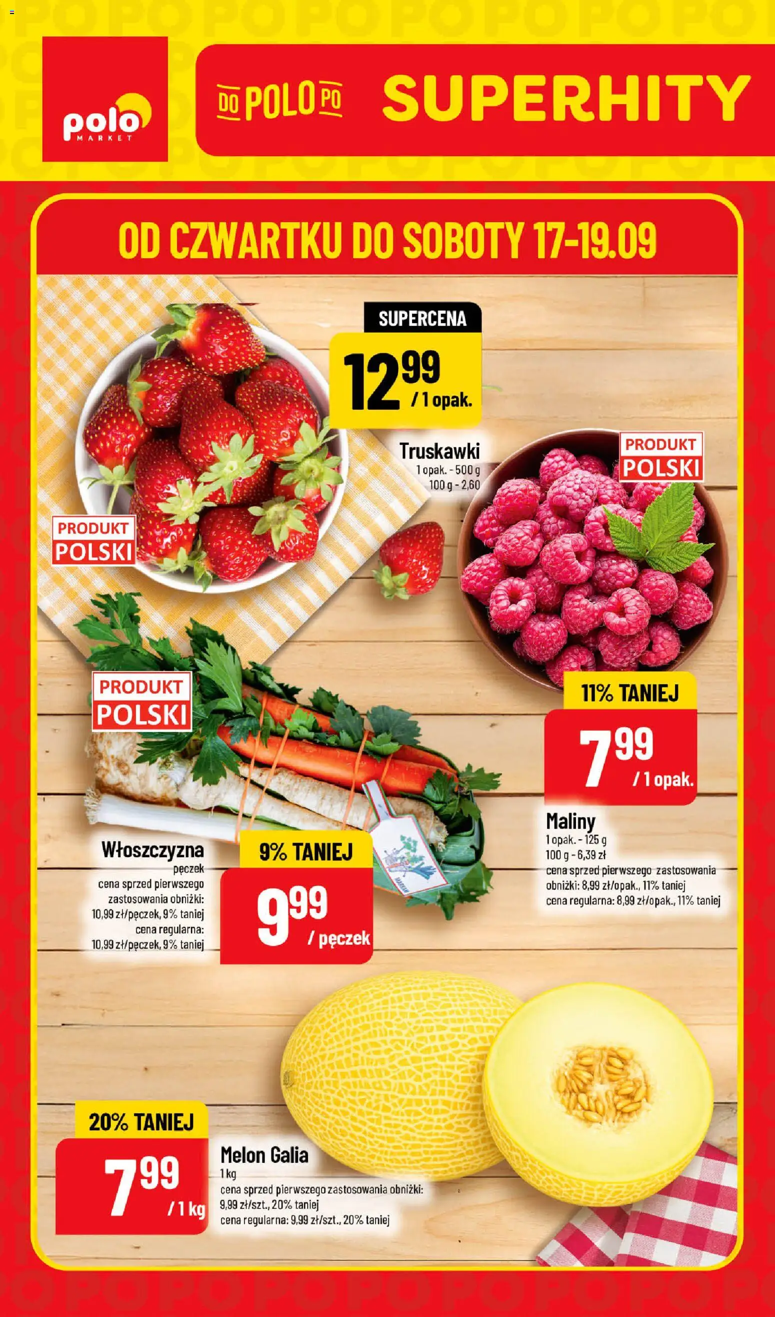 Nowa POLOmarket gazetka od jutra 17.09.2026 | Strona: 1 | Produkty: Melon, Maliny, Włoszczyzna, Truskawki