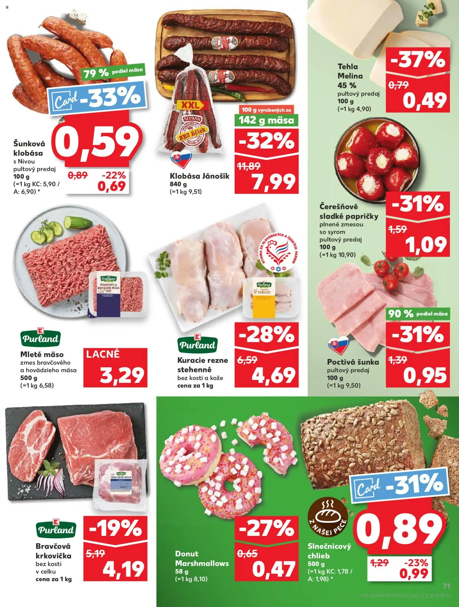 Nové Kaufland akcie – leták je platný od 07.05.2026 | Strana: 71 | Produkty: Chlieb, Donut, Klobása, Kuracie rezne