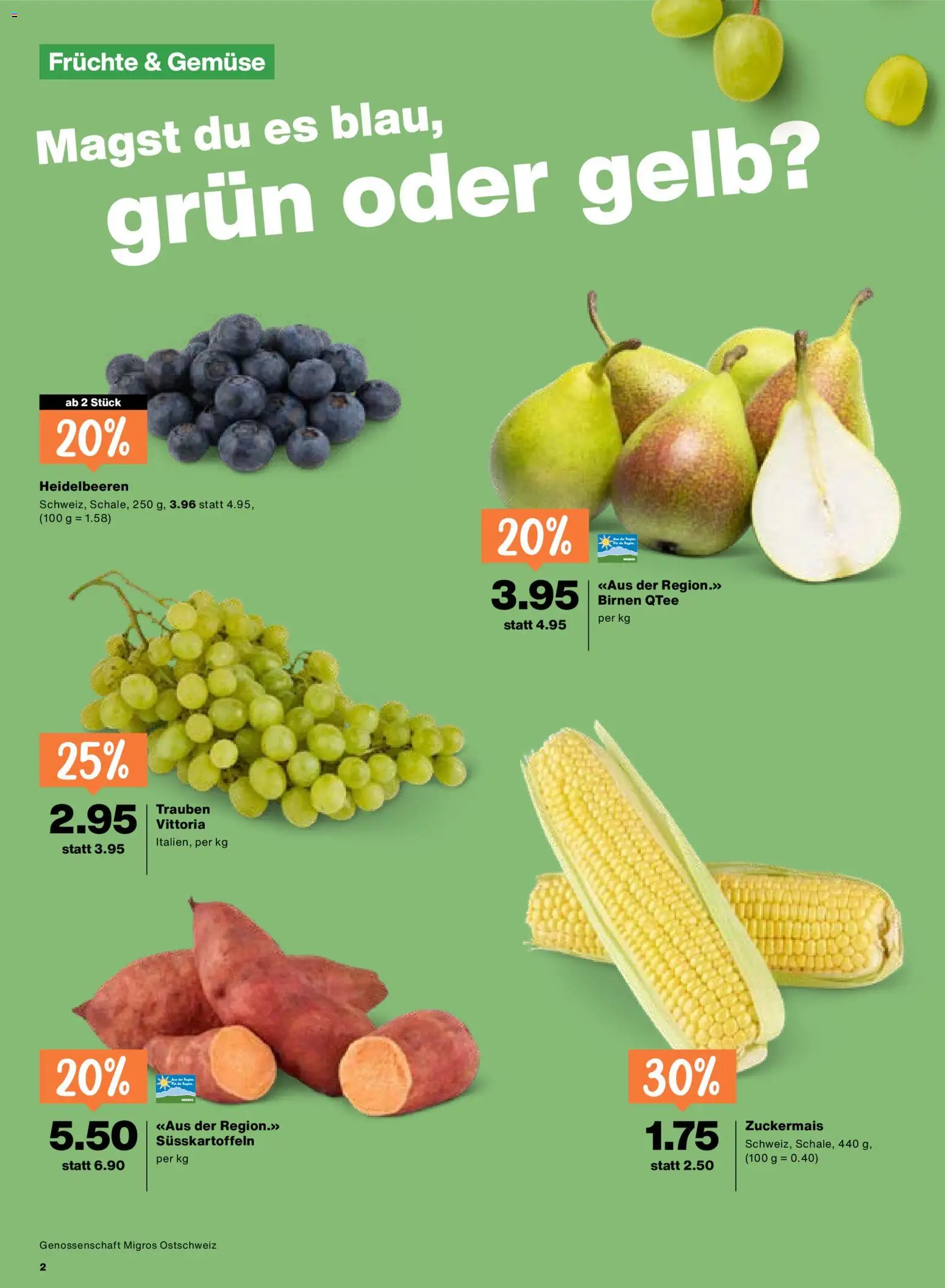 Migros aktionen – gültig ab 13.08.2026 | Seite: 2 | Produkte: Gemüse, Früchte, Süßkartoffeln, Birnen