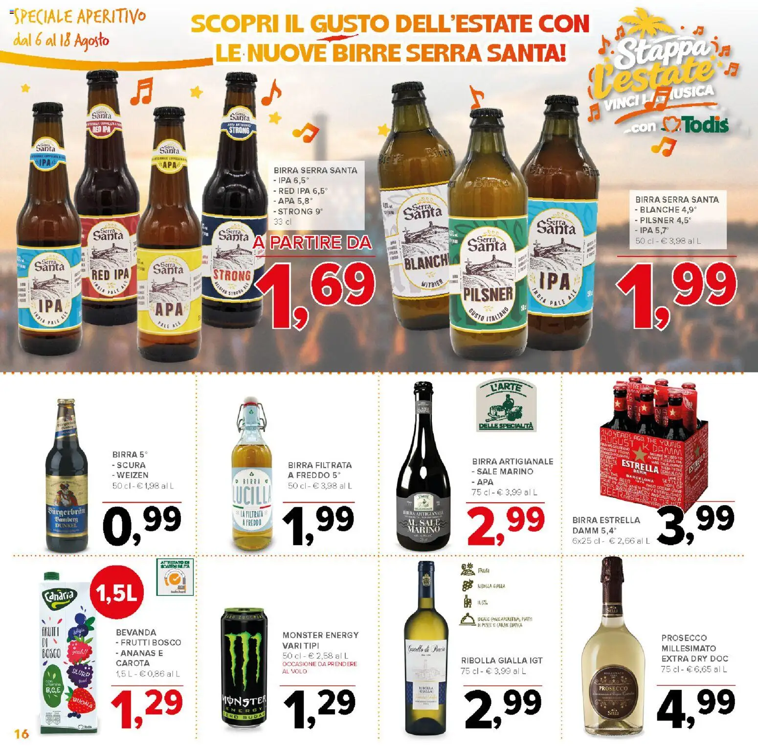 Volantino Todis del 06/08/2026 | Pagina: 16 | Prodotti: Birra, Pesce, Prosecco, The