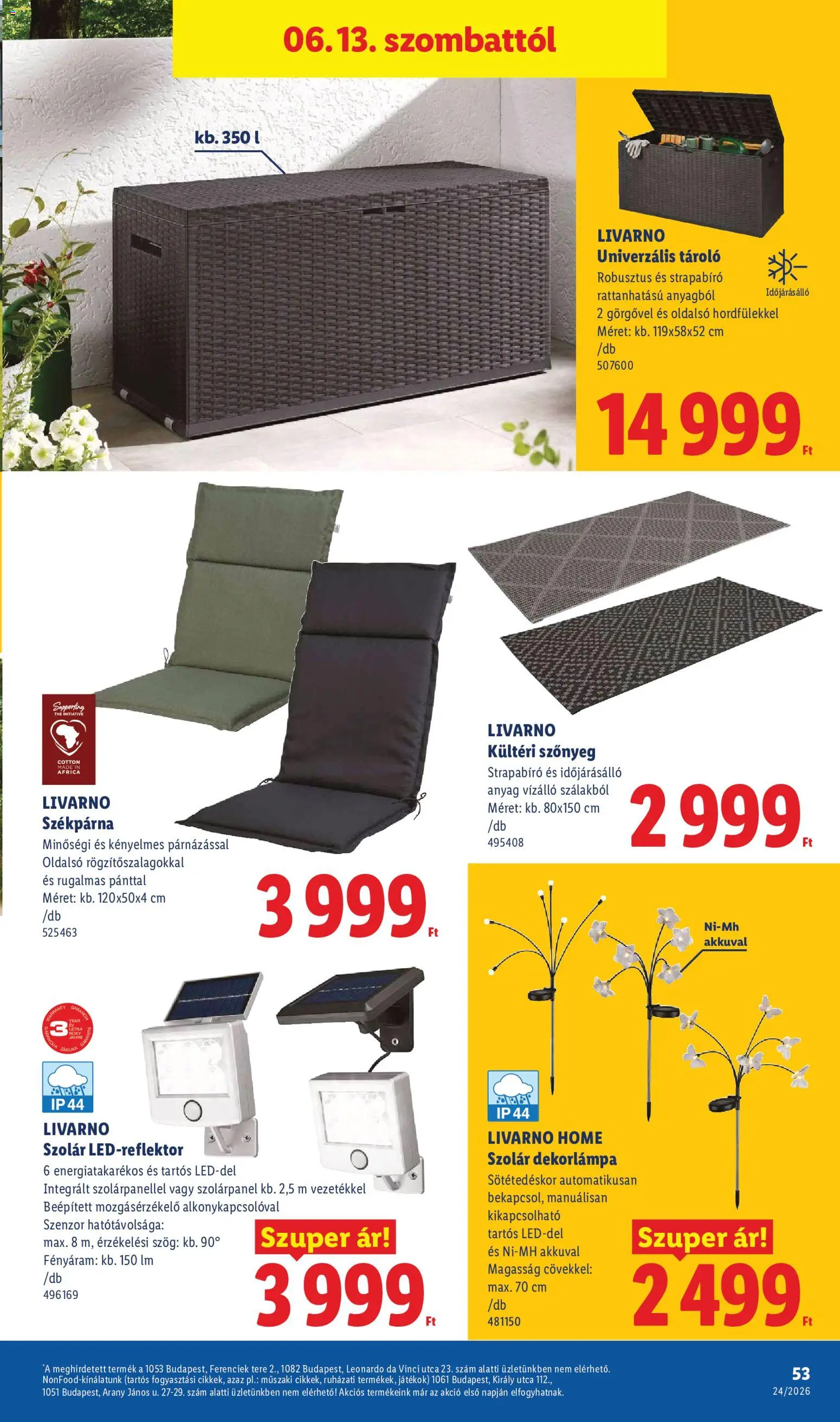 Lidl akciós ujság - amely érvényes a következő dátumtól: 11.06.2026 | Oldal: 53 | Termékek: Székpárna, Dekorlámpa, Mozgásérzékelő, Szőnyeg