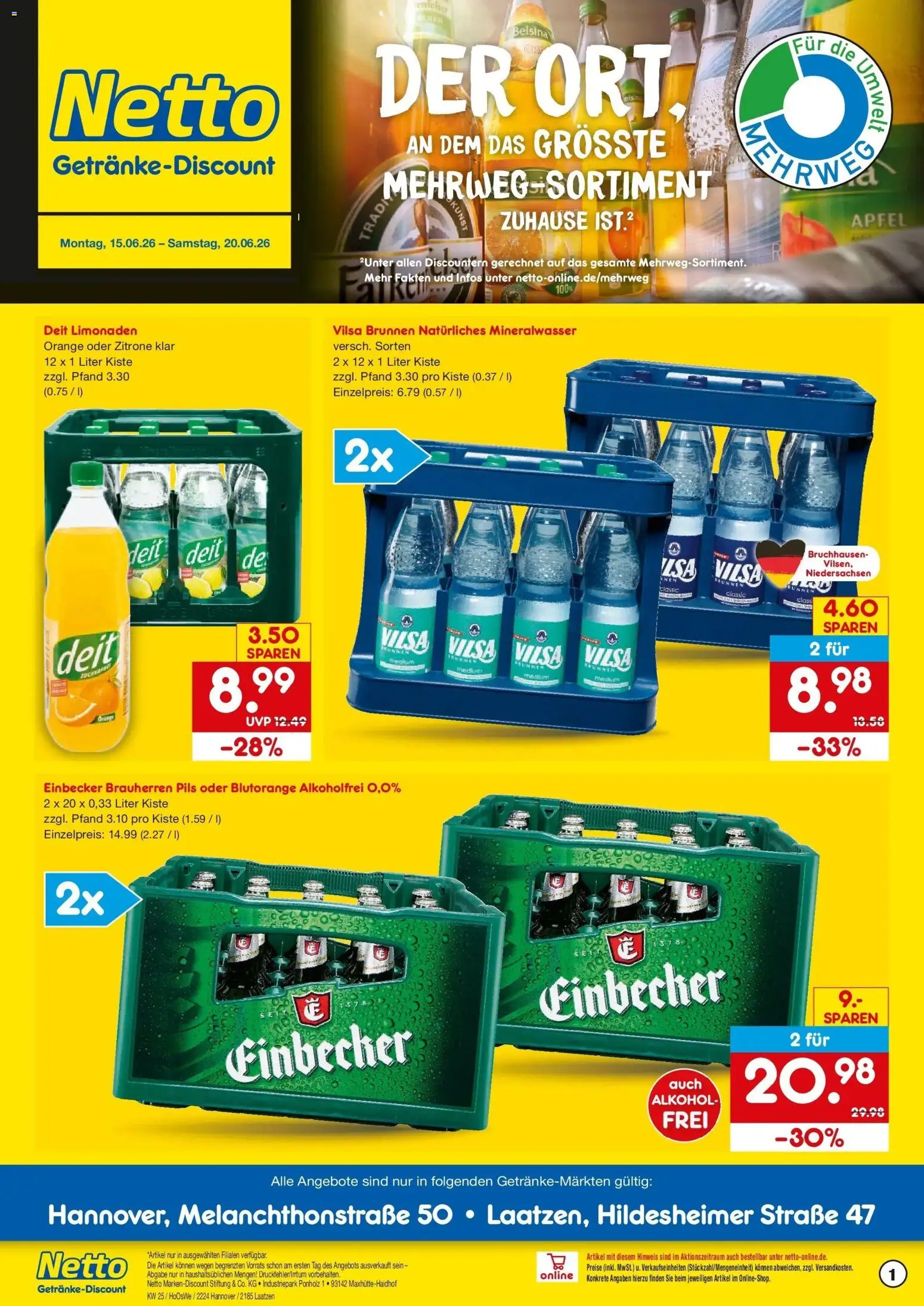 Netto Marken-Discount Prospekt Hannover – gültig ab 15.06.2026 | Seite: 1 | Produkte: Pils, Äpfel, Mineralwasser, Zitrone