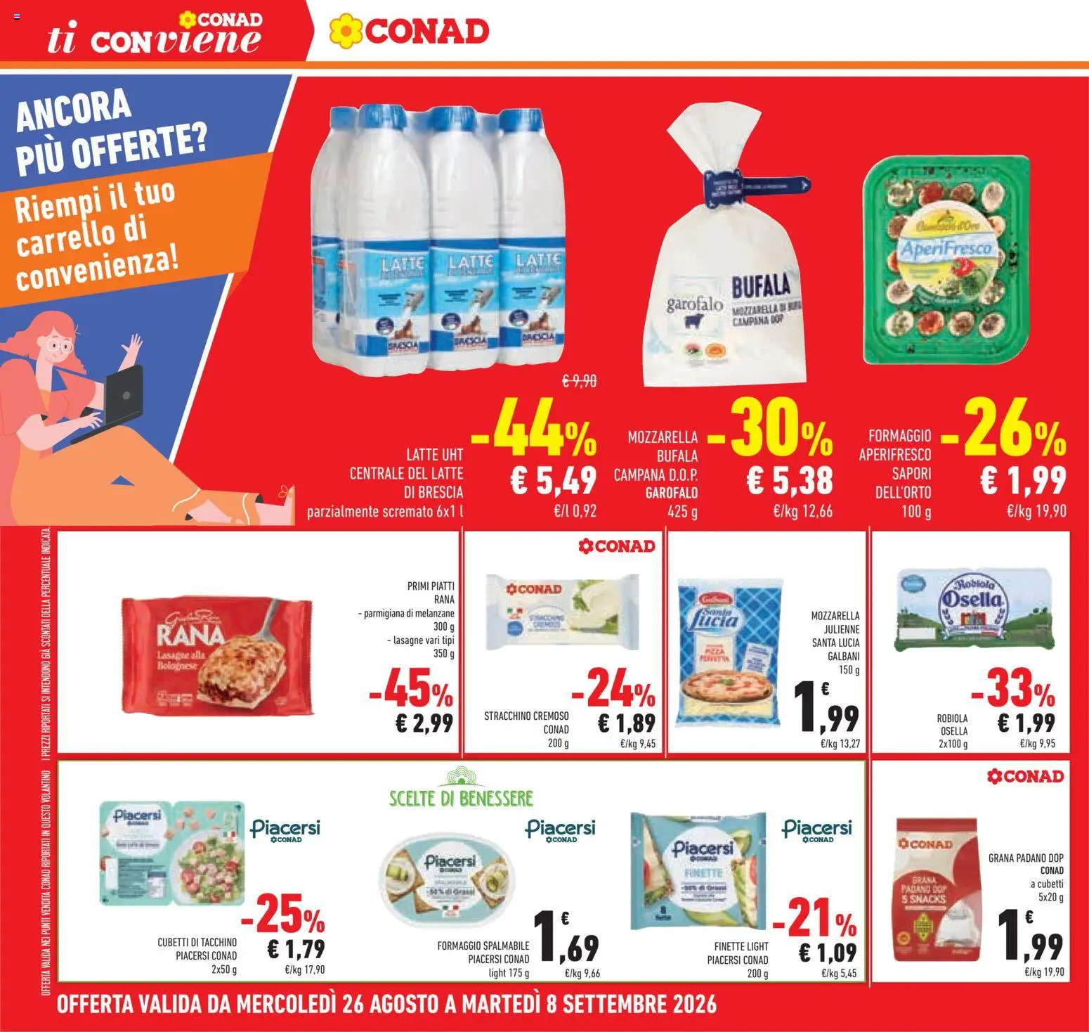 Volantino Conad del 26/08/2026 | Pagina: 28 | Prodotti: Garofalo, Tacchino, Latte, Formaggio spalmabile