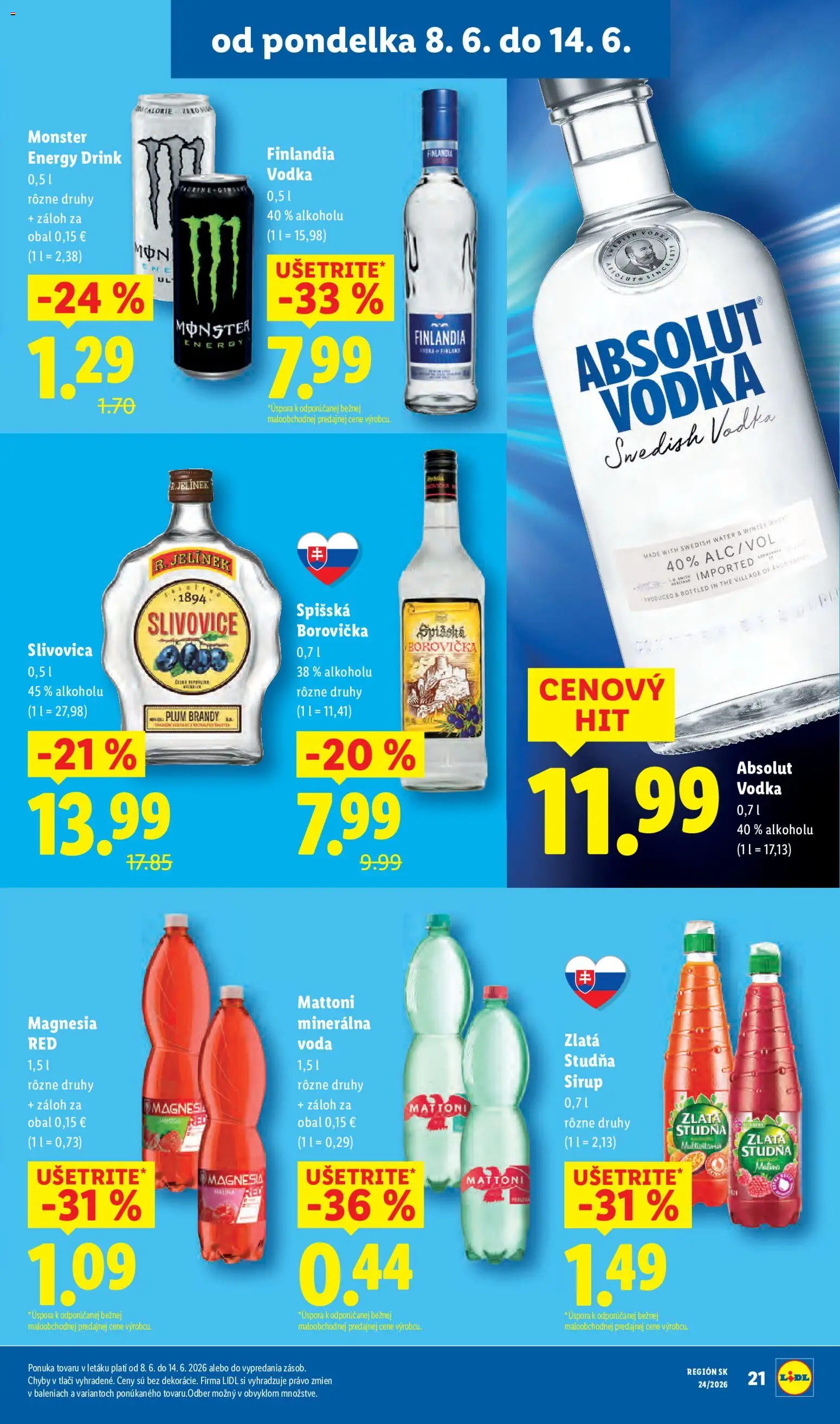 Nové Lidl akcie – leták je platný od 08.06.2026 | Strana: 33 | Produkty: Magnesia, Vodka, Absolut vodka, Finlandia