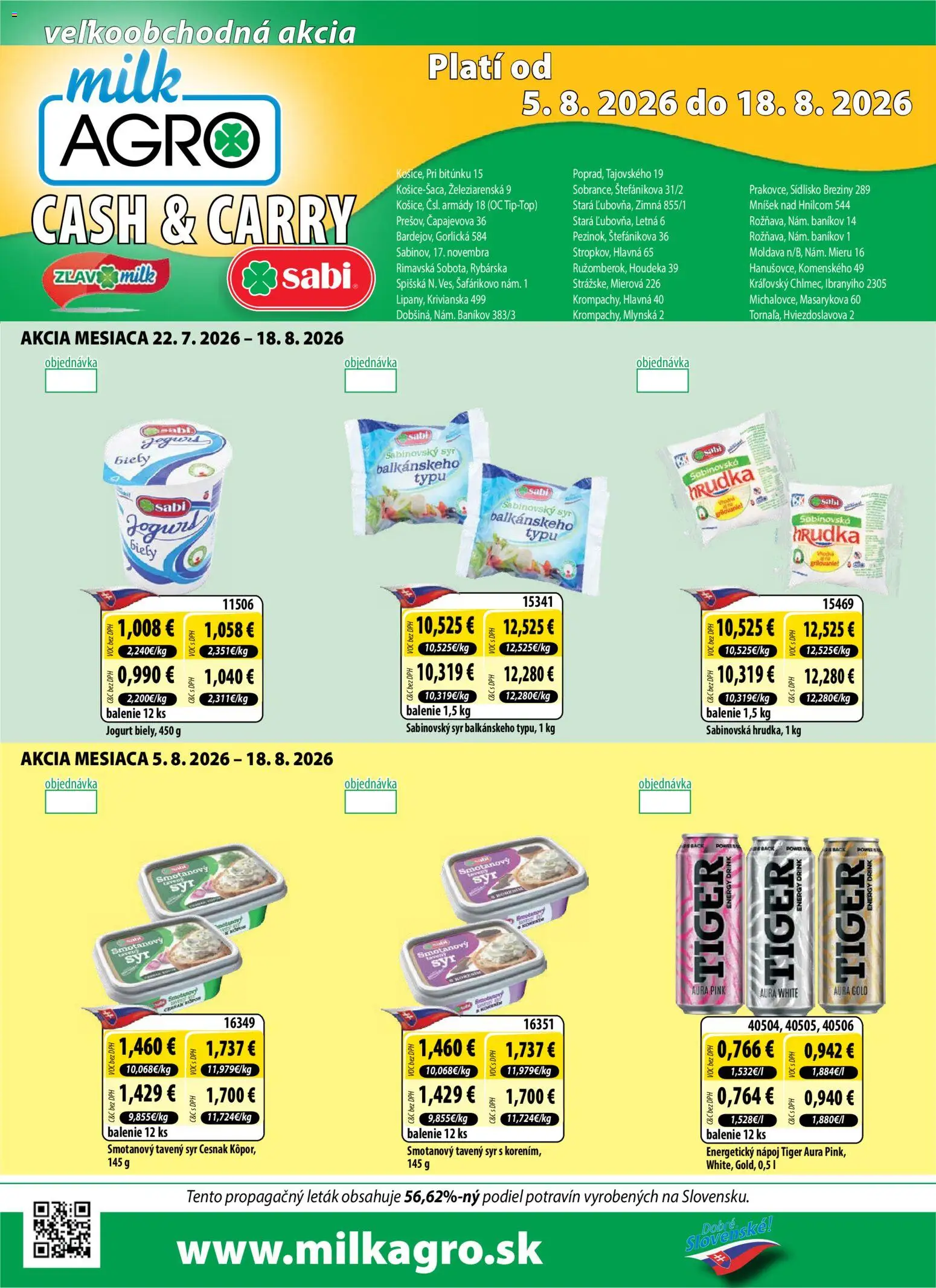 Nové Milk Agro akcie – leták je platný od 05.08.2026 | Strana: 1 | Produkty: Syr, Jogurt, Cesnak, Energetický nápoj