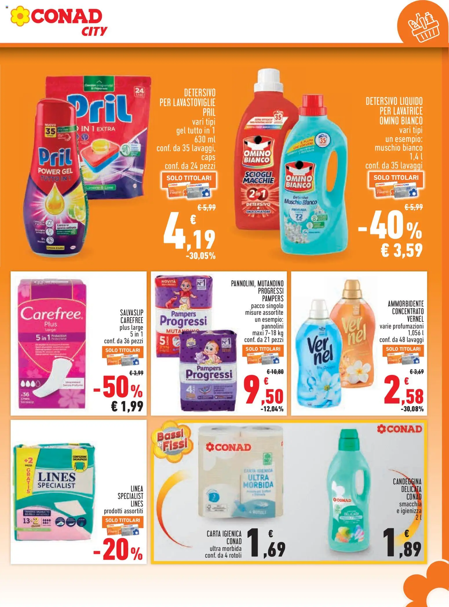 Volantino Conad del 27/08/2026 | Pagina: 17 | Prodotti: Pannolini, Ammorbidente, Candeggina, Pampers