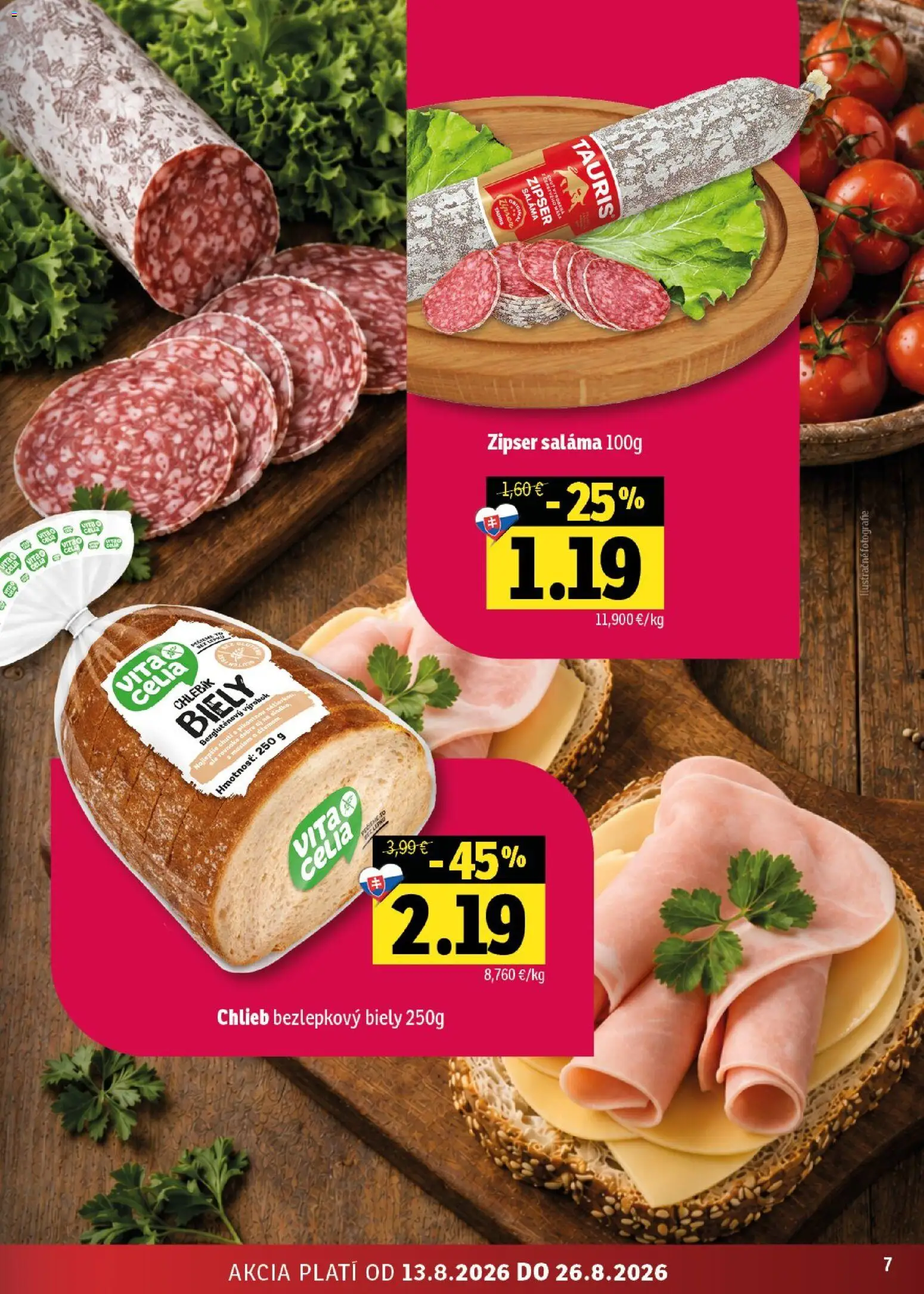 Nové Fresh akcie – leták je platný od 13.08.2026 | Strana: 7 | Produkty: Chlieb, Saláma