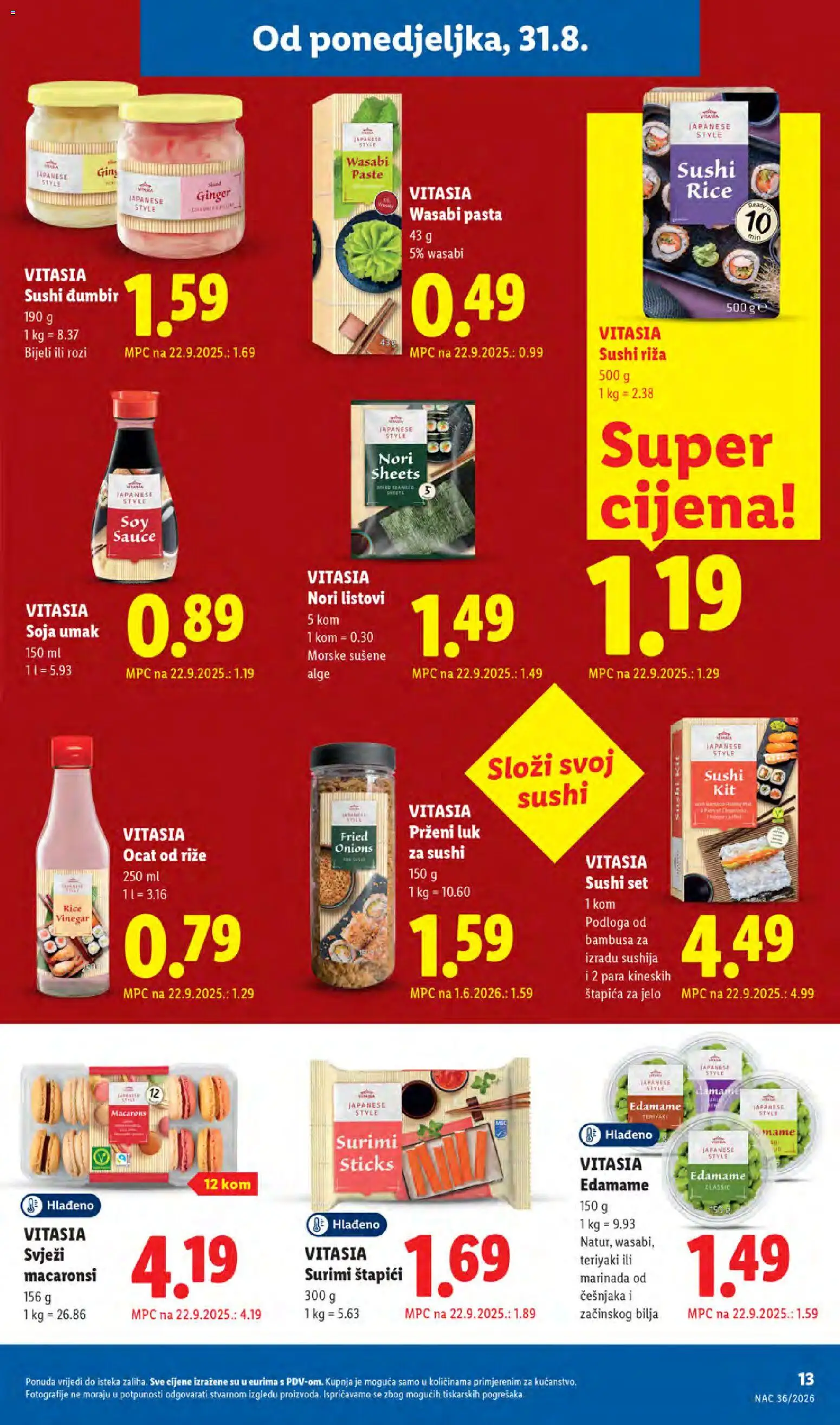 Lidl katalog | vrijedi od 31.08.2026 | Stranica: 13 | Proizvodi: Surimi štapići, Sushi set, Podloga, Pasta