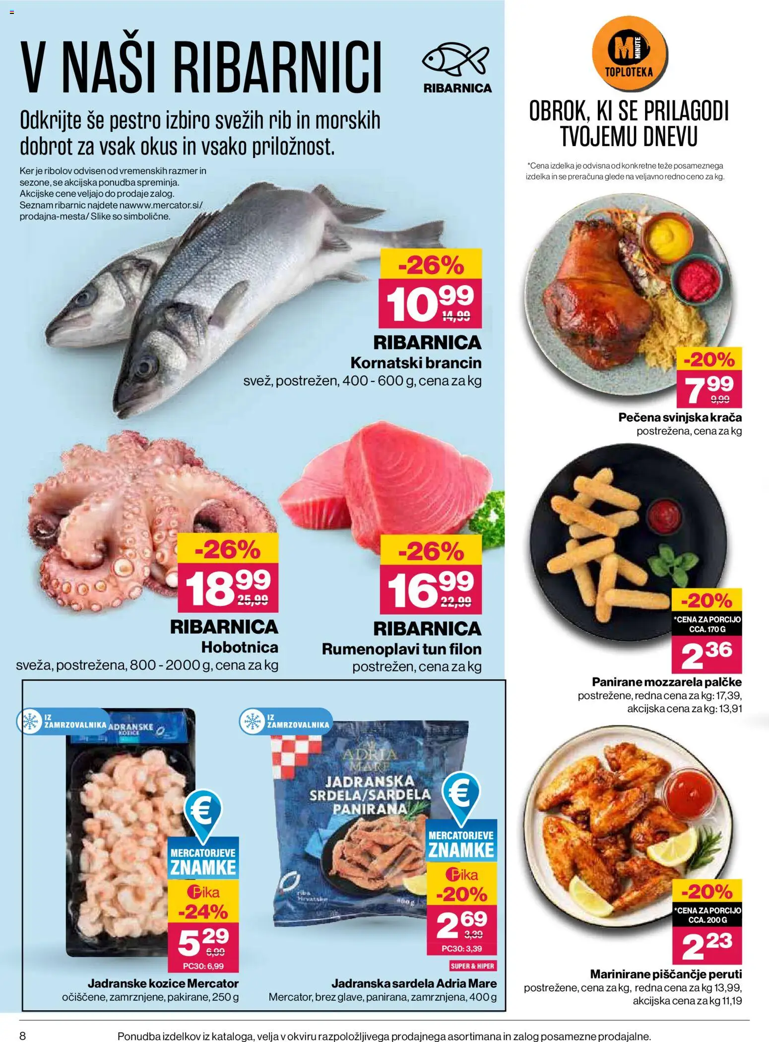 Novi Mercator katalog ponudbe – veljaven od 30.07.2026 | Stran: 8 | Izdelki: Kozice, Hobotnica, Tuna, Mozzarella