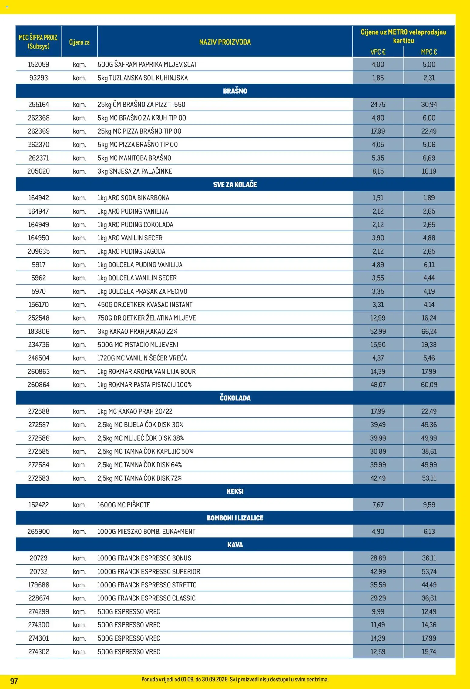 Metro katalog | vrijedi od 01.09.2026 | Stranica: 97 | Proizvodi: Espresso, Čokolada, Lizalice, Pecivo