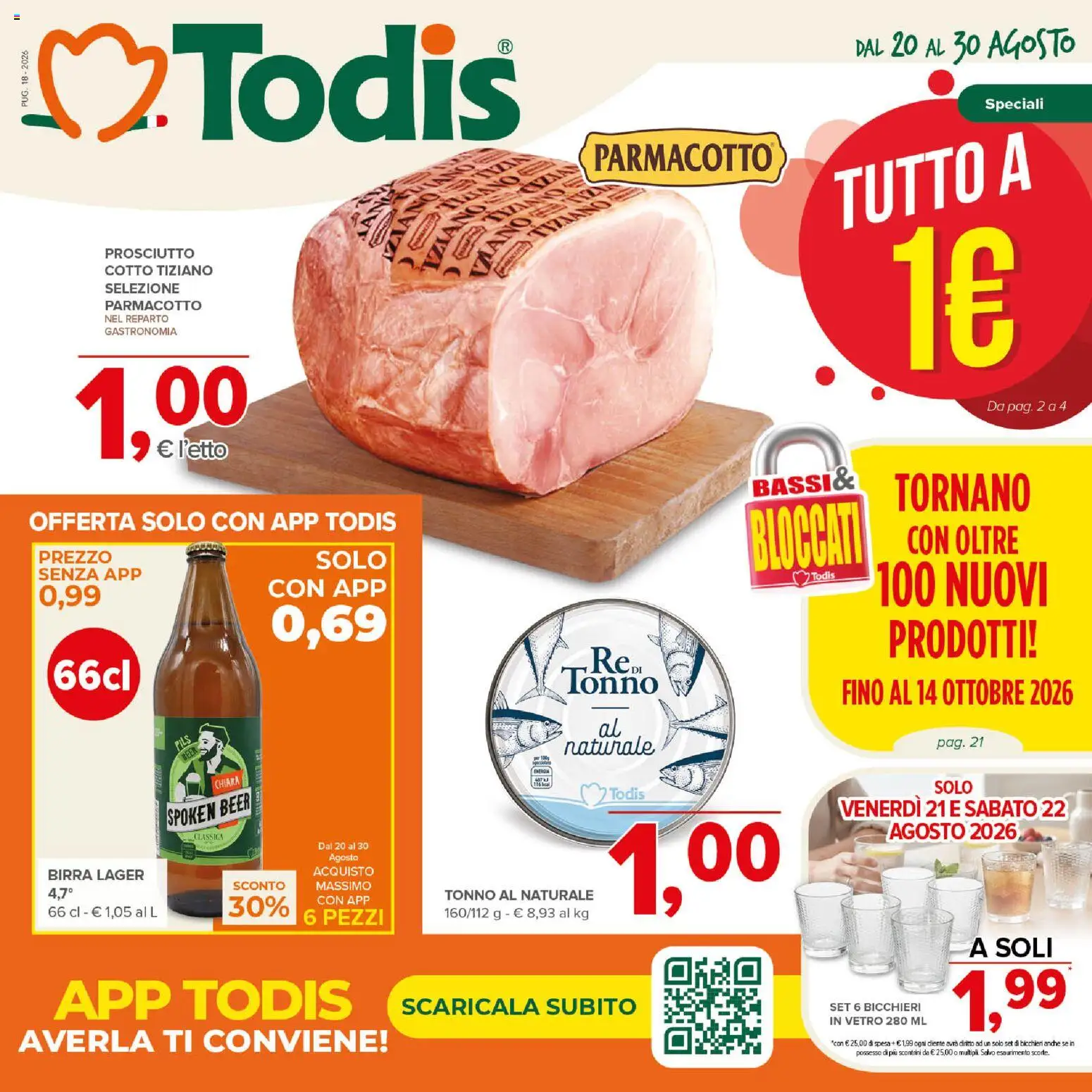 Volantino Todis del 20/08/2026 | Pagina: 1 | Prodotti: Prosciutto Cotto, Birra, Tonno, Tonno al naturale