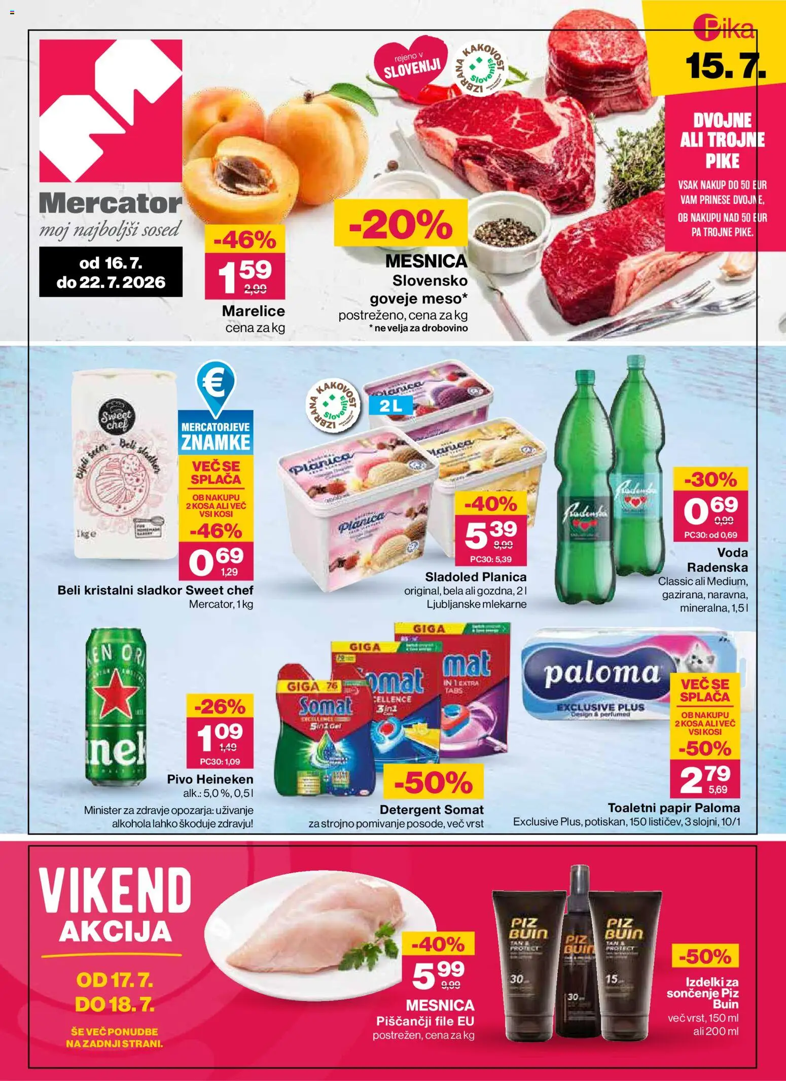 Novi Mercator katalog ponudbe – veljaven od 16.07.2026 | Stran: 1 | Izdelki: Heineken, Marelice, Sladoled, Voda
