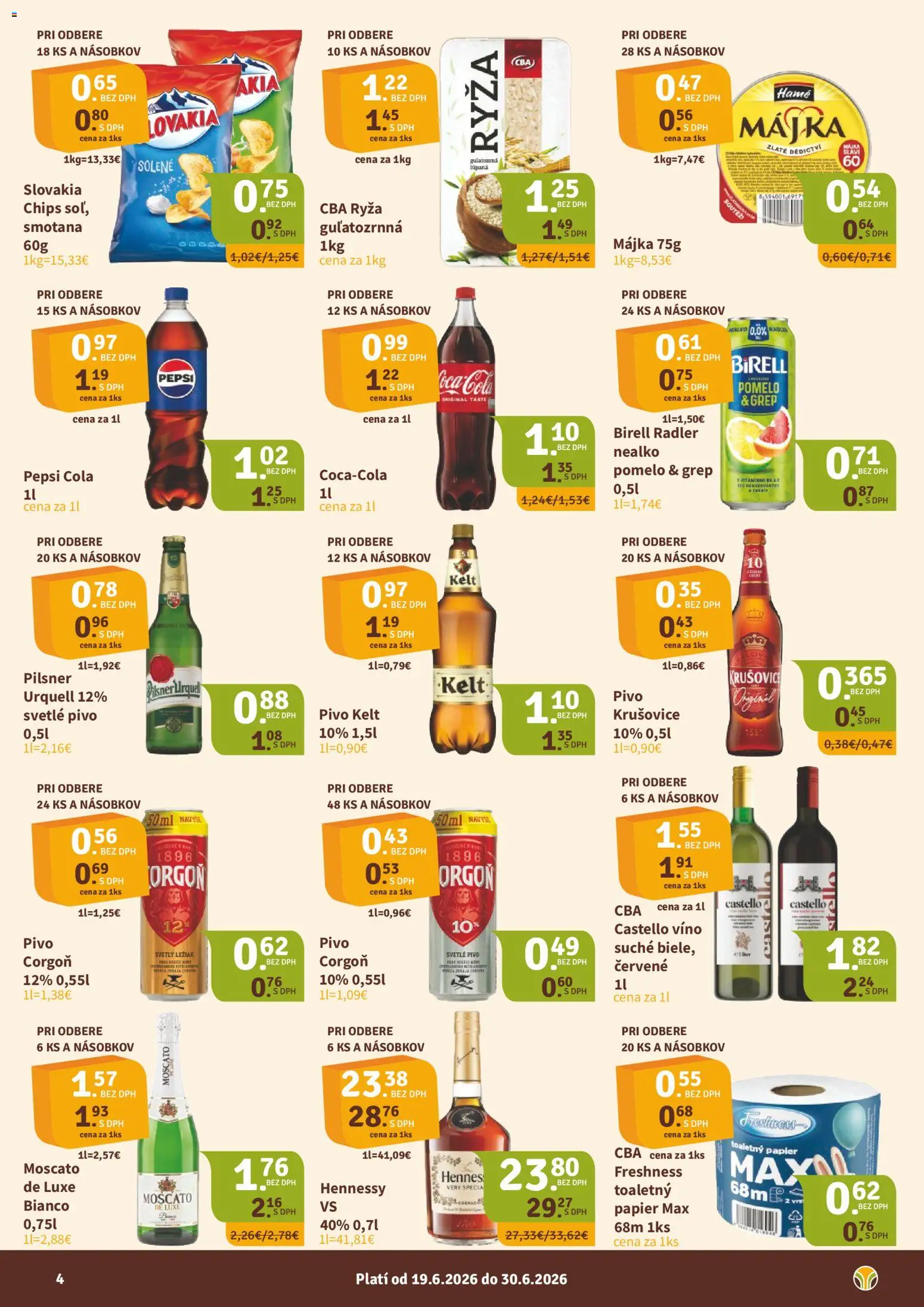 Nové Nitrazdroj akcie – leták je platný od 19.06.2026 | Strana: 4 | Produkty: Birell, Ryža, Kelt, Hennessy