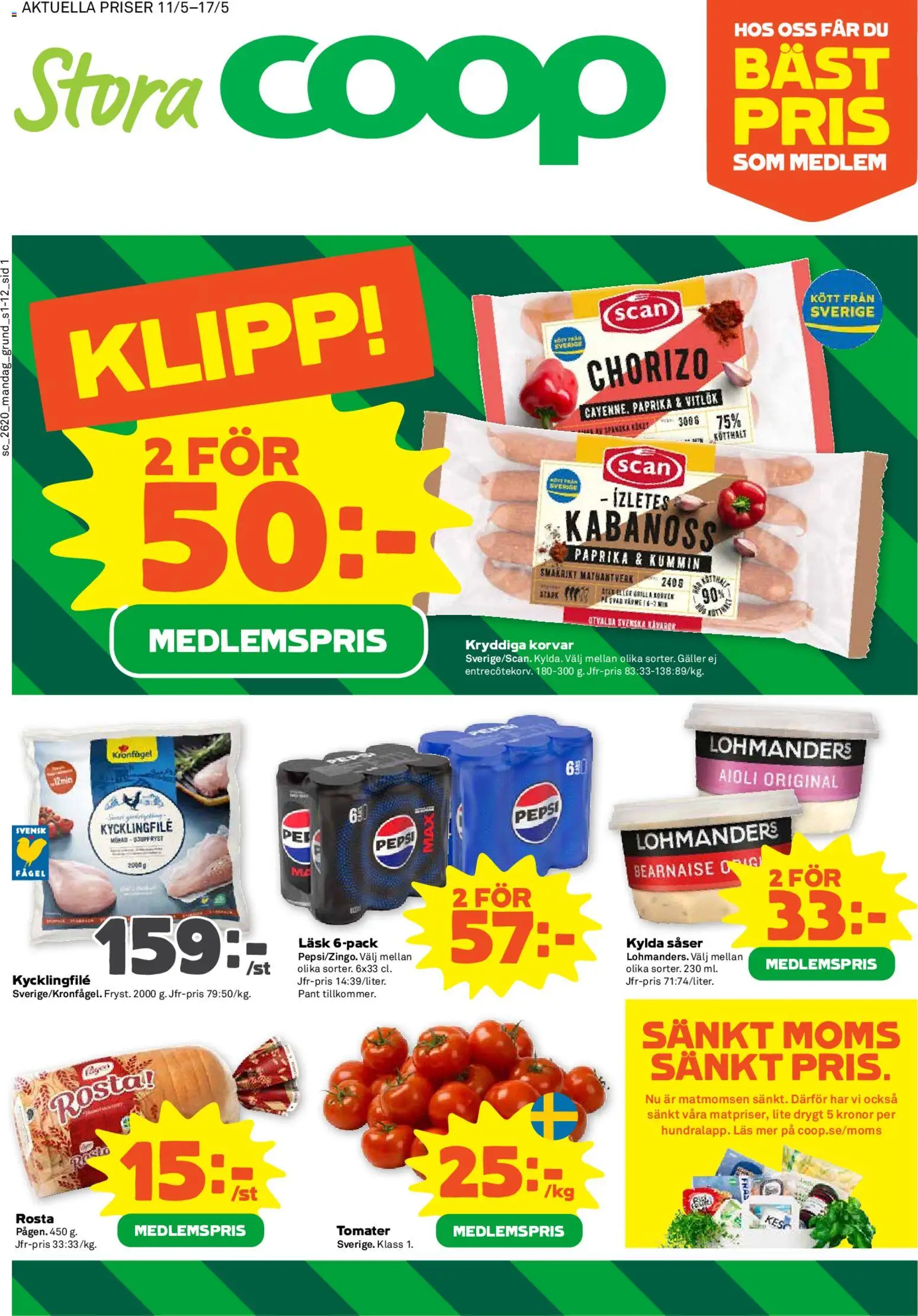 Stora Coop reklamblad aktuell från 11.05.2026 | Sida: 1 | Produkter: Kycklingfile, Pepsi, Tomater, Fräs