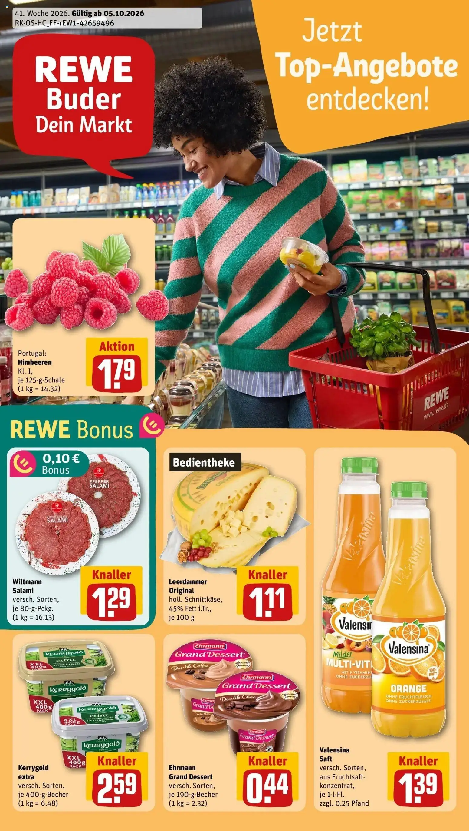 REWE Prospekt ab 05.10.2026 zum Blättern » Angebote | Seite: 1 | Produkte: Butter, Leerdammer, Valensina, Saft