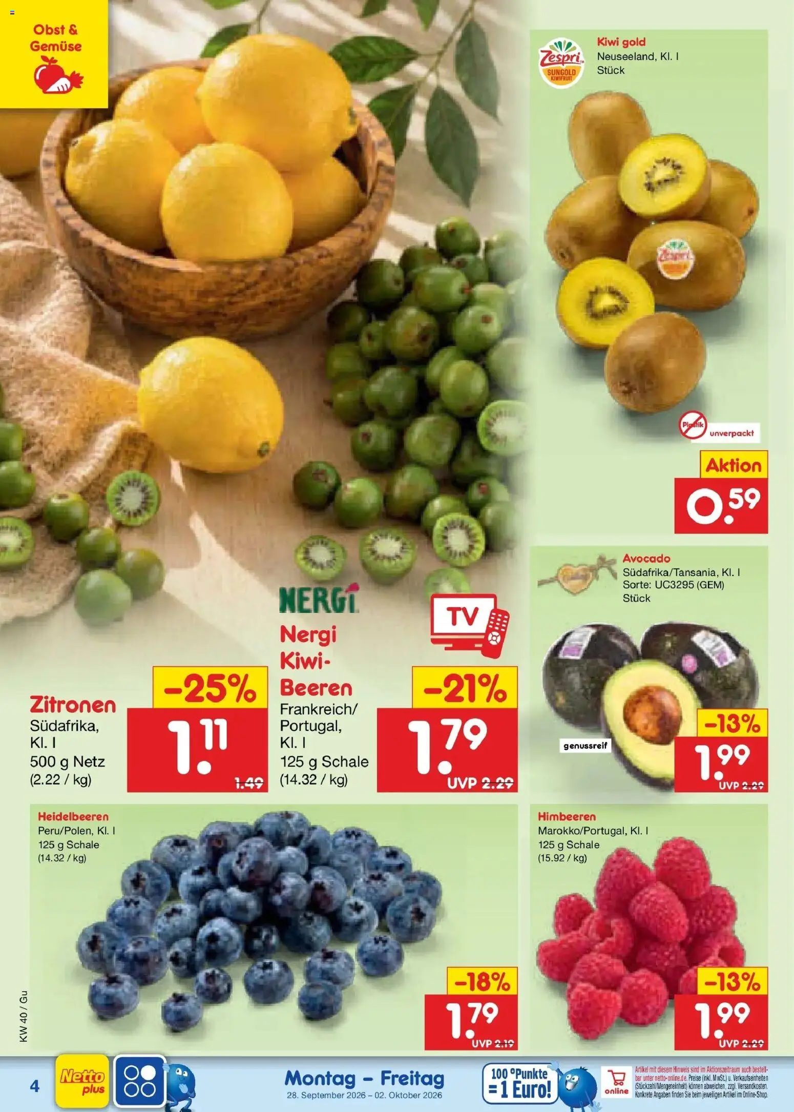 Netto Marken-Discount Prospekt Machern – gültig ab 28.09.2026 | Seite: 4 | Produkte: Himbeeren, Heidelbeeren, Avocado, Obst
