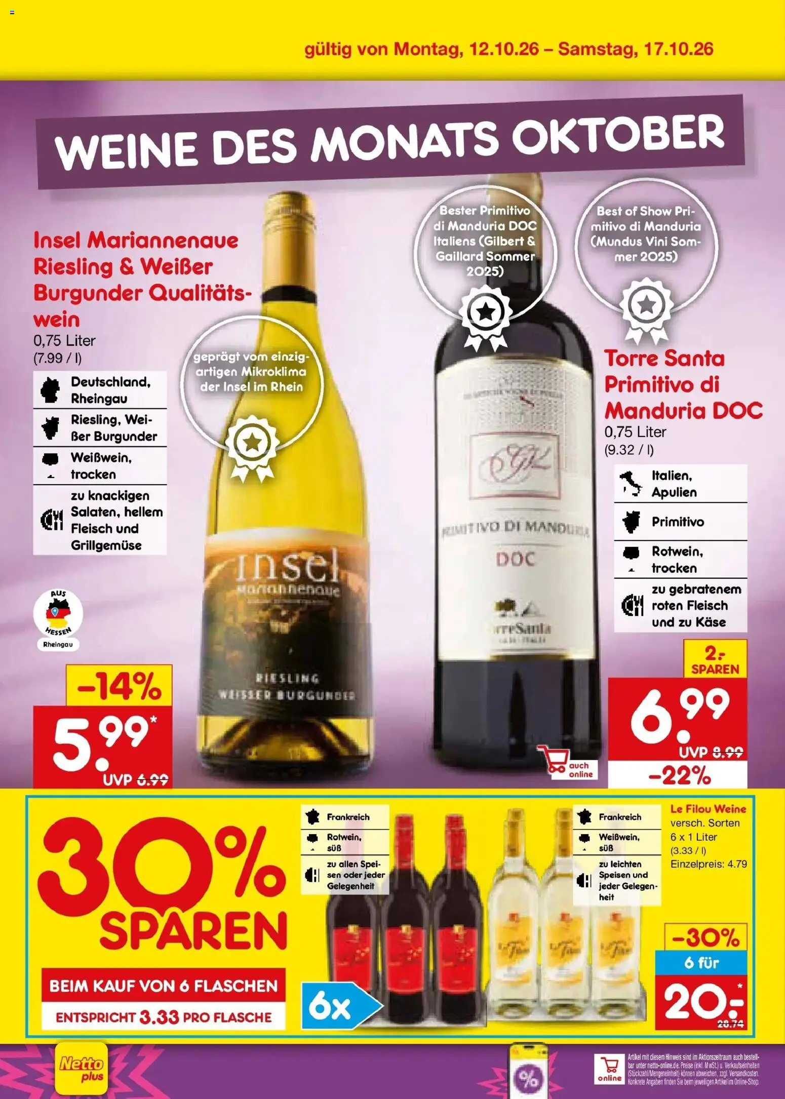 Netto Marken-Discount Prospekt Bochum (ab 12.10.2026) » Angebote | Seite: 26 | Produkte: Le filou, Käse, Wasser, Wein