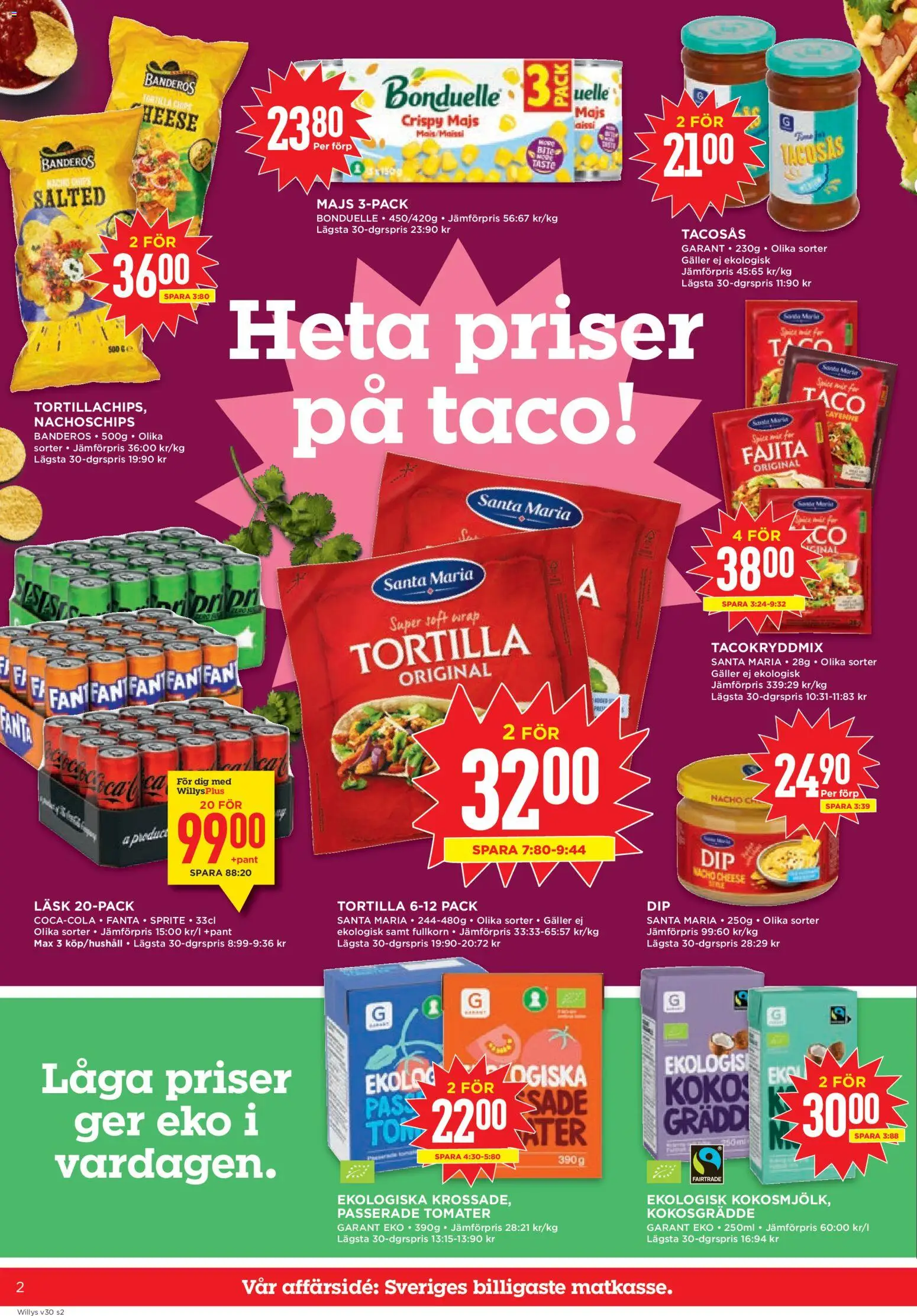 Willys reklamblad aktuell från 20/07/2026 | Sida: 2 | Produkter: Tacosås, Galler, Fanta, Tomater