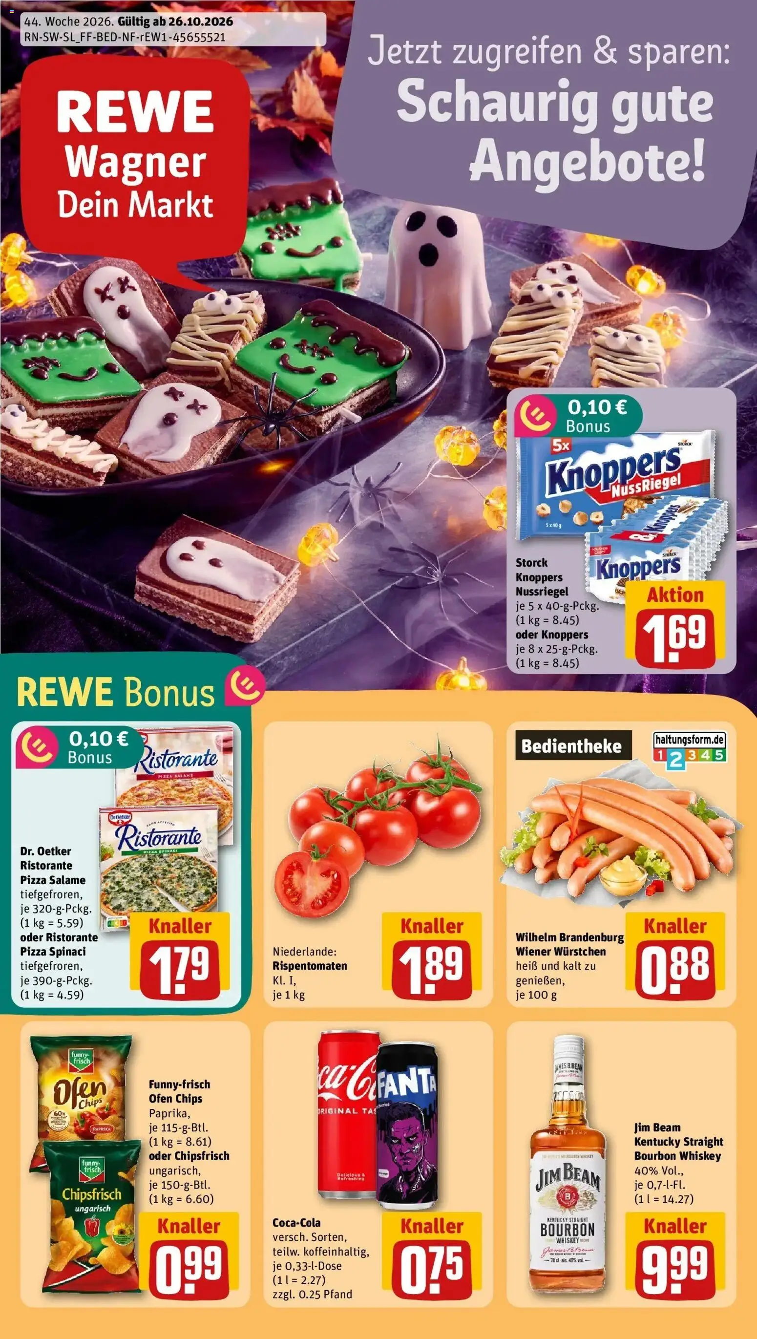REWE Prospekt ab 26.10.2026 zum Blättern » Angebote | Seite: 1 | Produkte: Ofen, Wiener wurstchen, Pizza, Bourbon