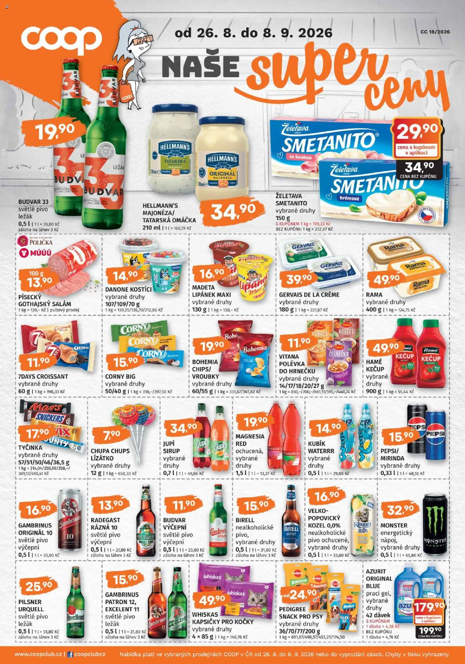 Konzum leták od 26.08.2026 | Strana: 4 | Produkty: Pilsner, Mirinda, Majonéza, Snickers
