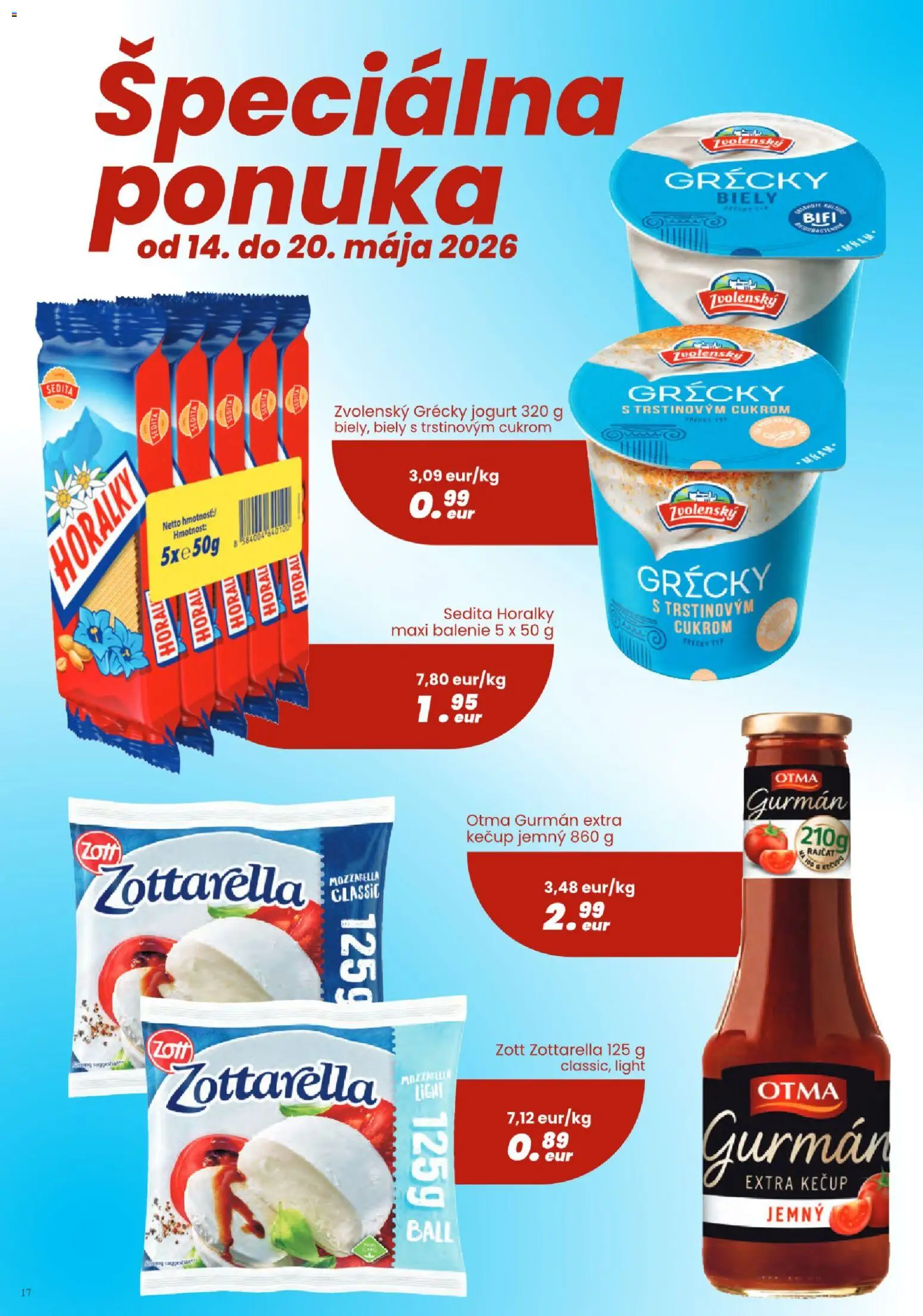 Nové Sintra akcie – leták je platný od 07.05.2026 | Strana: 17 | Produkty: Jogurt, Mozzarella, Kečup, Horálky
