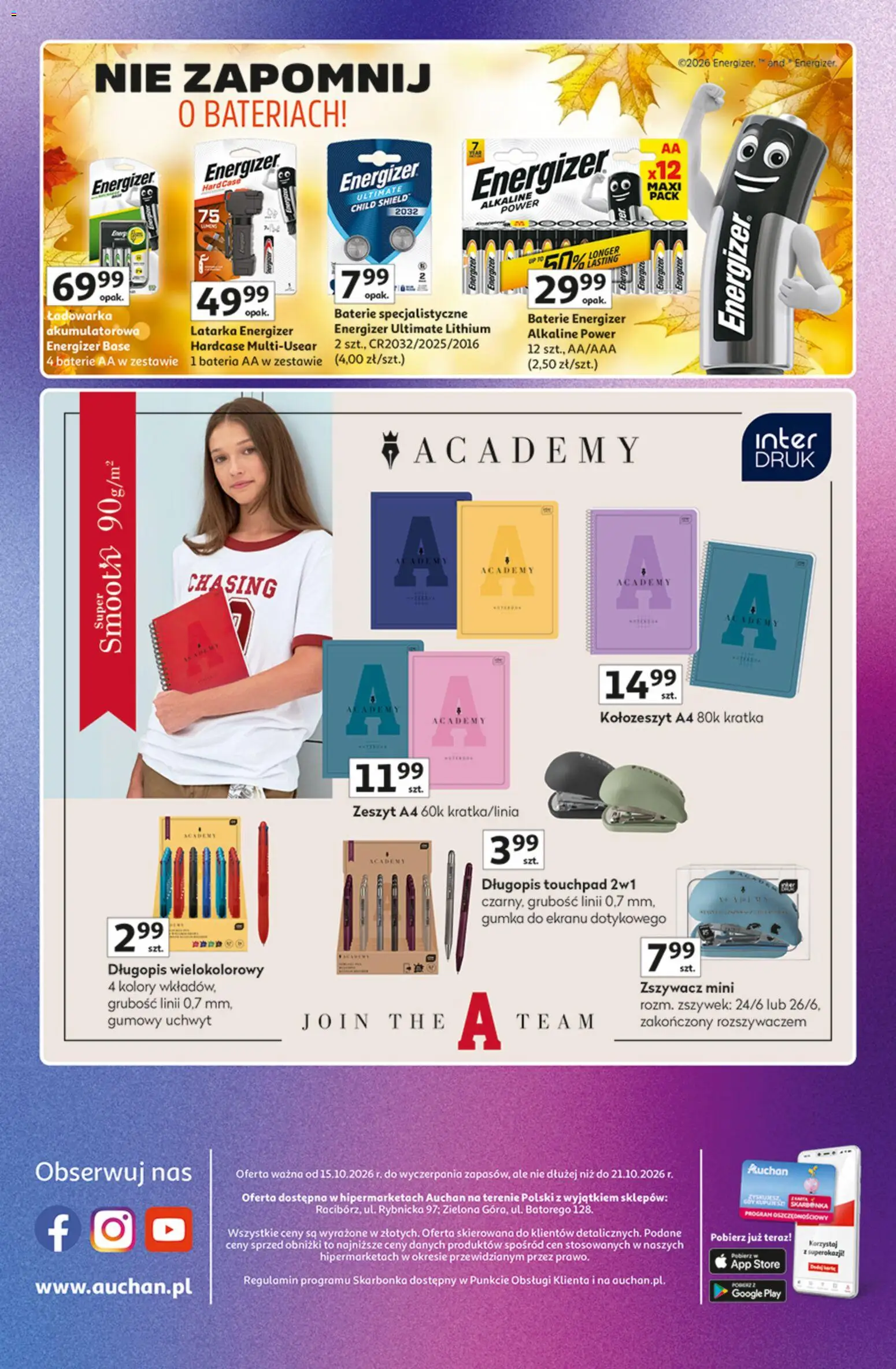 Auchan gazetka - Znane marki od 15.10.2026 | Strona: 44 | Produkty: Zszywacz, Ładowarka, Bateria AA, Zeszyt