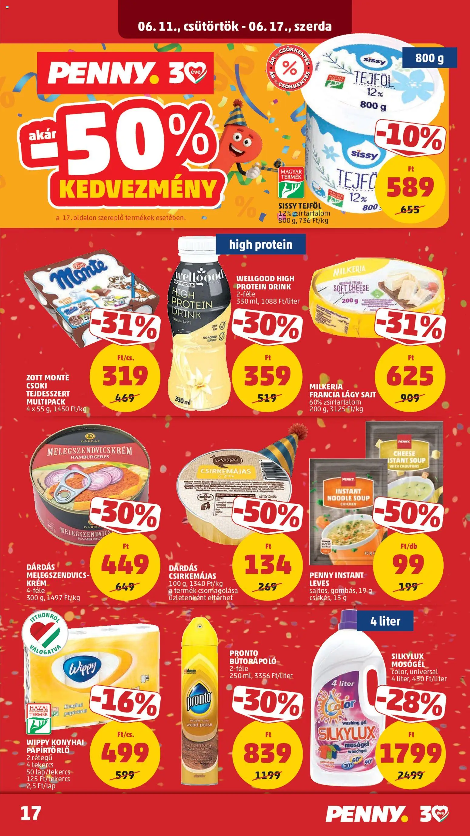 PENNY akciós ujság - amely érvényes a következő dátumtól: 11.06.2026 | Oldal: 21 | Termékek: Papírtörlő, Protein, Melegszendvicskrém, Tejföl