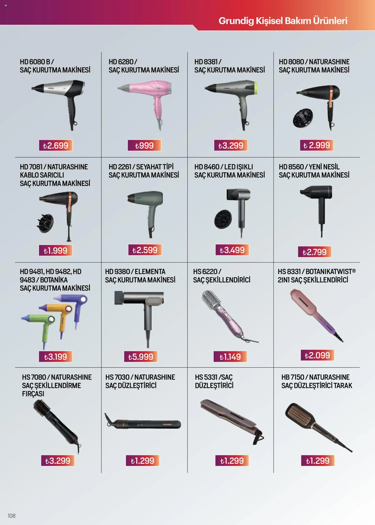 Arçelik Katalog - 01.04.2026 tarihinden itibaren geçerlidir | Sayfa: 108 | Ürünler: Saç kurutma makinesi, Saç düzleştirici, Kurutma makinesi, Kablo
