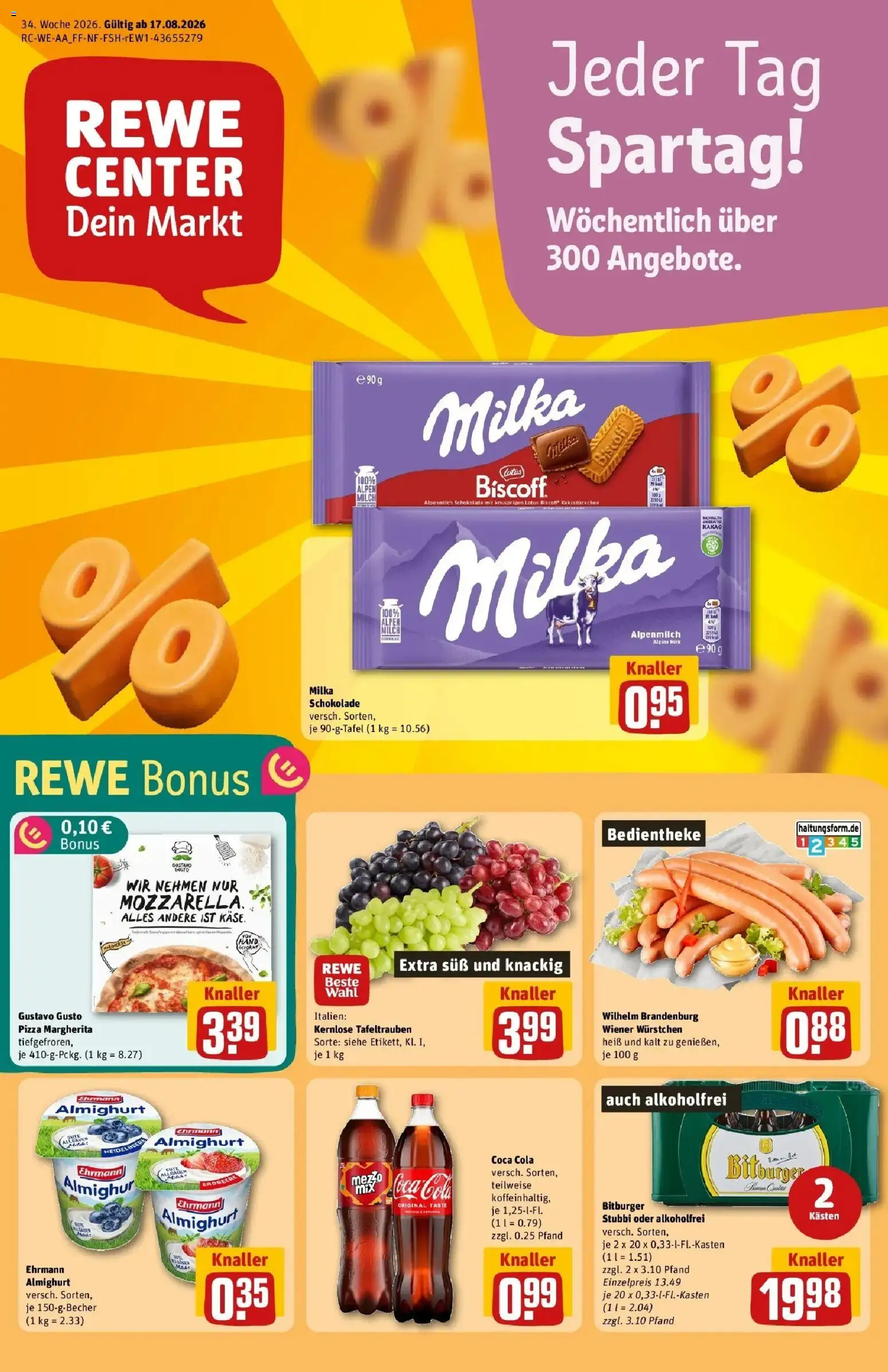 REWE Prospekt ab 17.08.2026 zum Blättern » Angebote | Seite: 1 | Produkte: Wiener wurstchen, Coca cola, Käse, Pizza