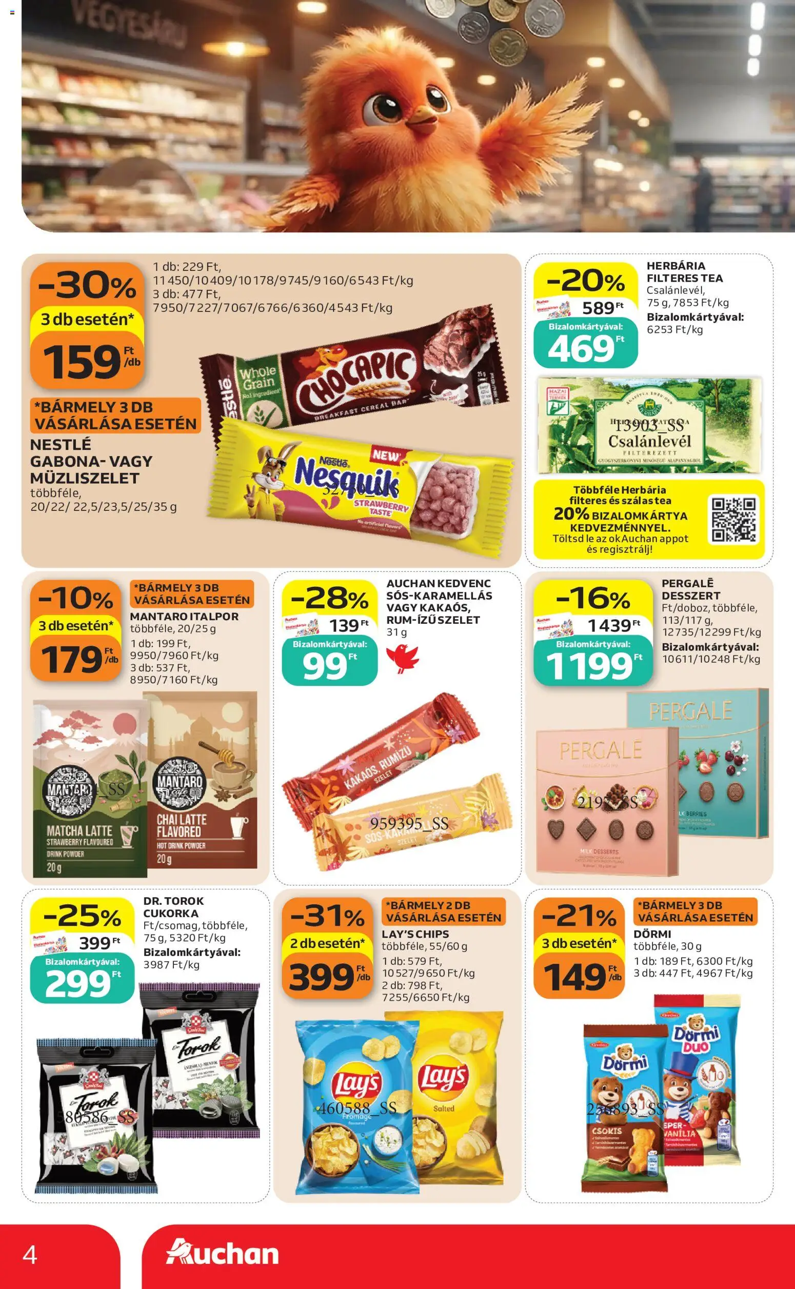 Auchan akciós ujság - amely érvényes a következő dátumtól: 2026.10.29. | Oldal: 4 | Termékek: Chocapic, Tea, Desszert, Cukorka