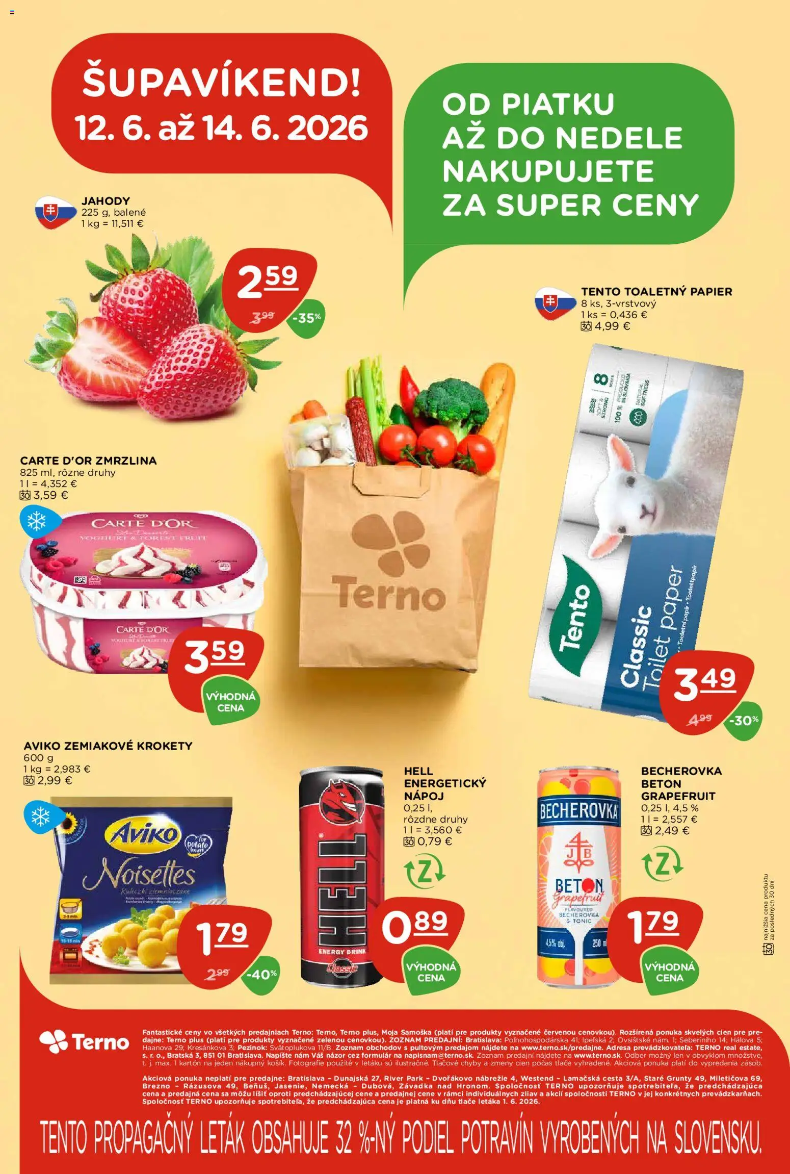 Nové Terno akcie – leták je platný od 11.06.2026 | Strana: 26 | Produkty: Becherovka, Toaletný papier, Jahody, Grapefruit