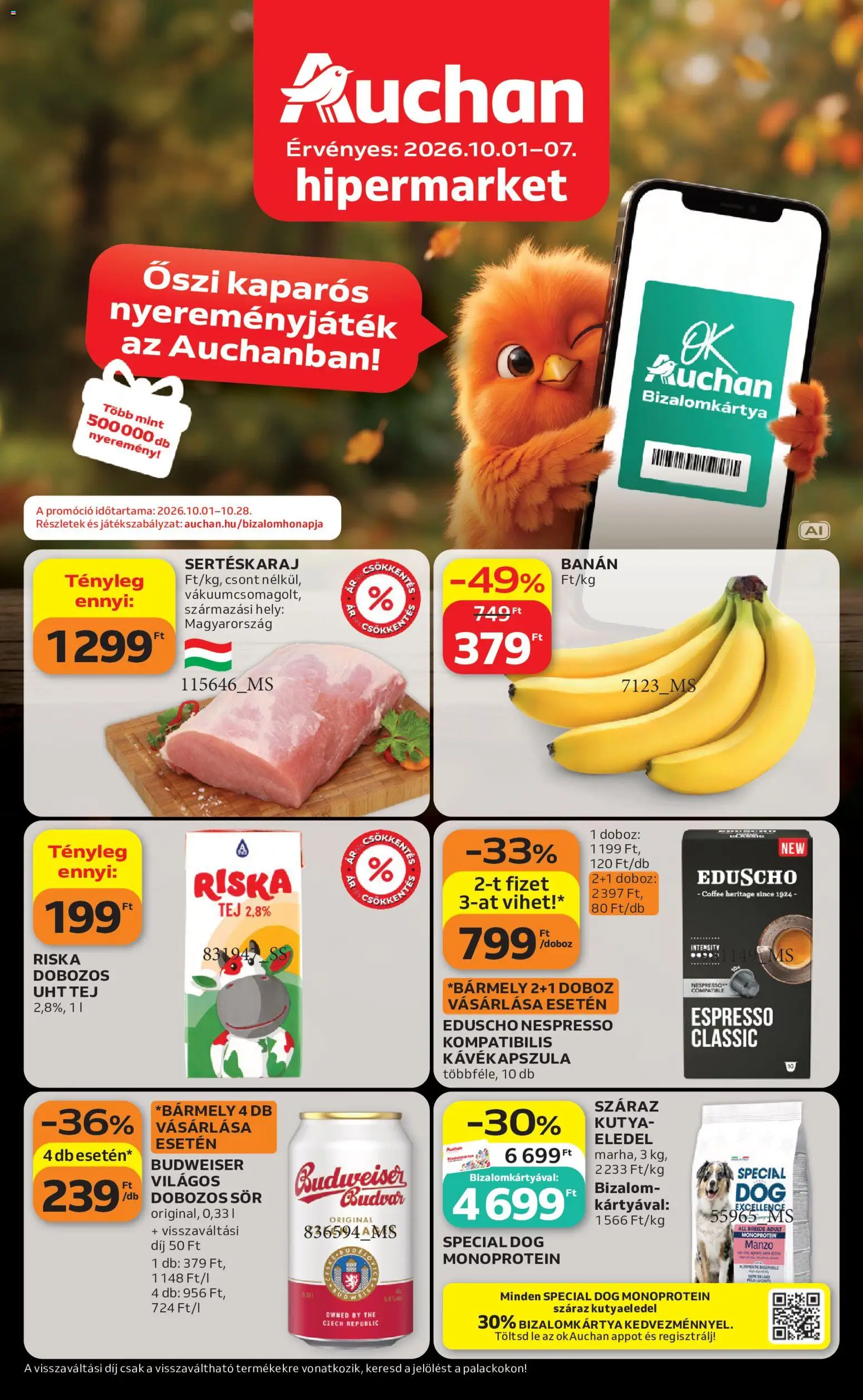 Auchan akciós ujság - amely érvényes a következő dátumtól: 2026.10.01. | Oldal: 1 | Termékek: Nespresso, Lé, UHT tej, Száraz kutyaeledel