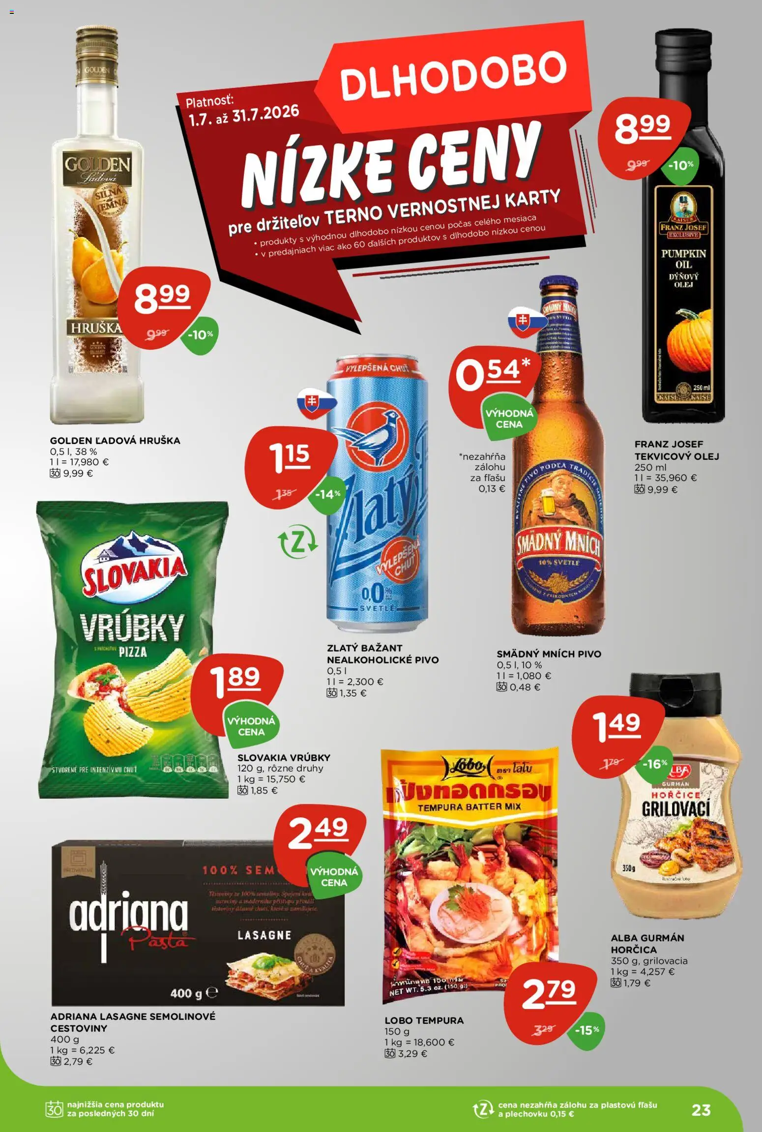 Nové Terno akcie – leták je platný od 02.07.2026 | Strana: 23 | Produkty: Pivo, Olej, Pizza, Nealkoholické pivo