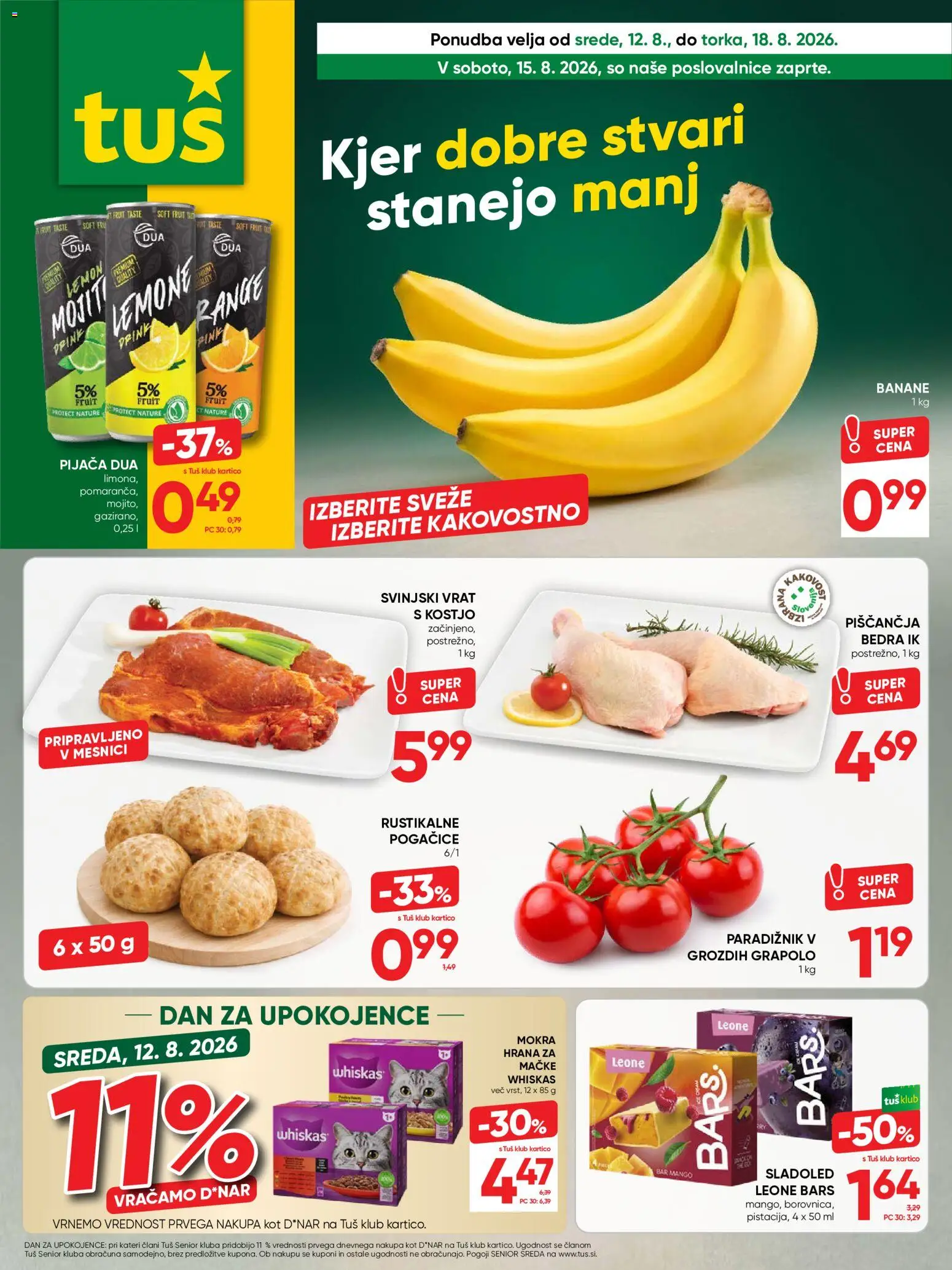 Novi Tuš katalog ponudbe – veljaven od 12.08.2026 | Stran: 1 | Izdelki: Hrana za mačke, Paradiznik, Banane, Sladoled