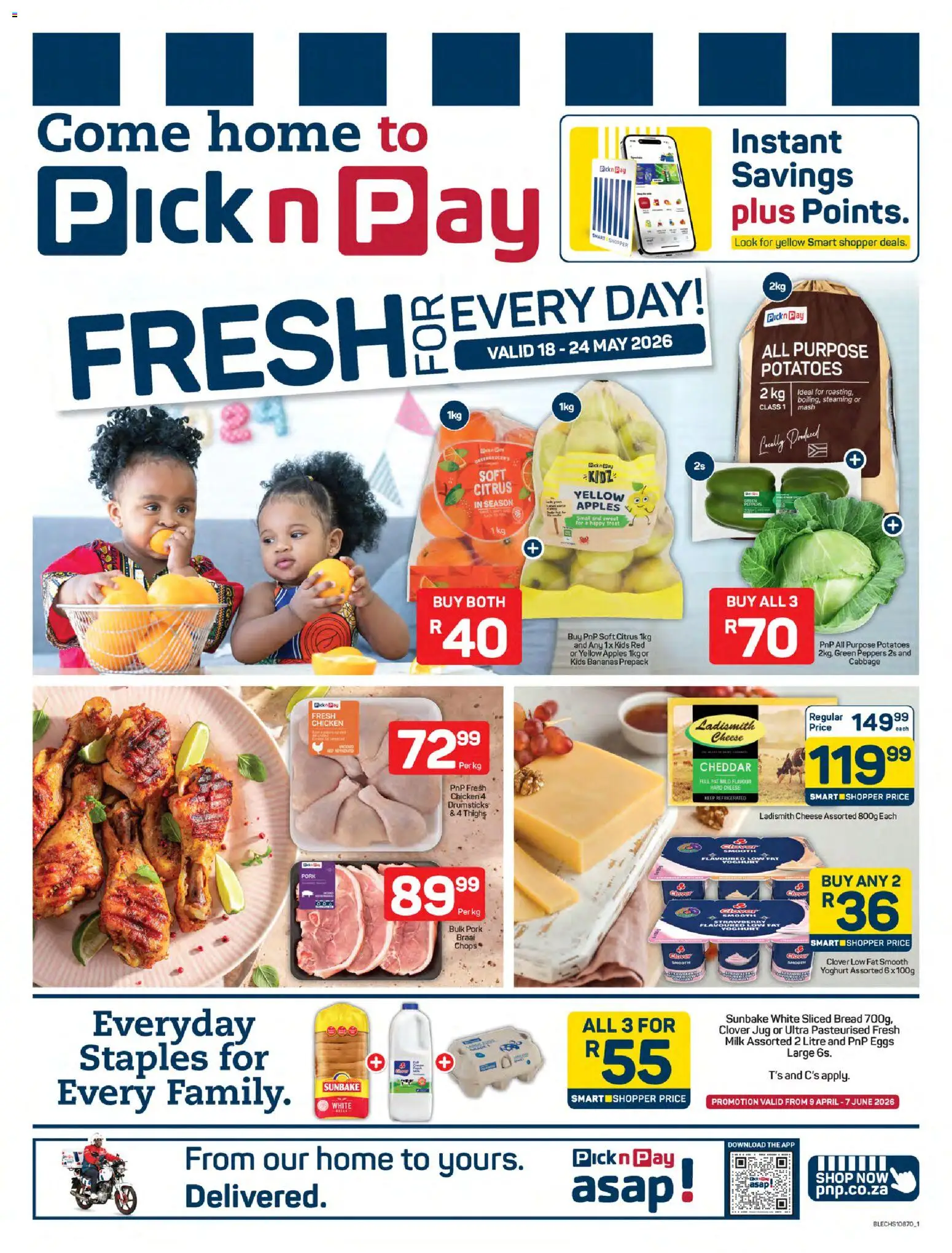 New Pick n Pay catalogue – valid from 18.05.2026 | Page: 1 | Products: Yoghurt, Eggs, Chicken, Bananas