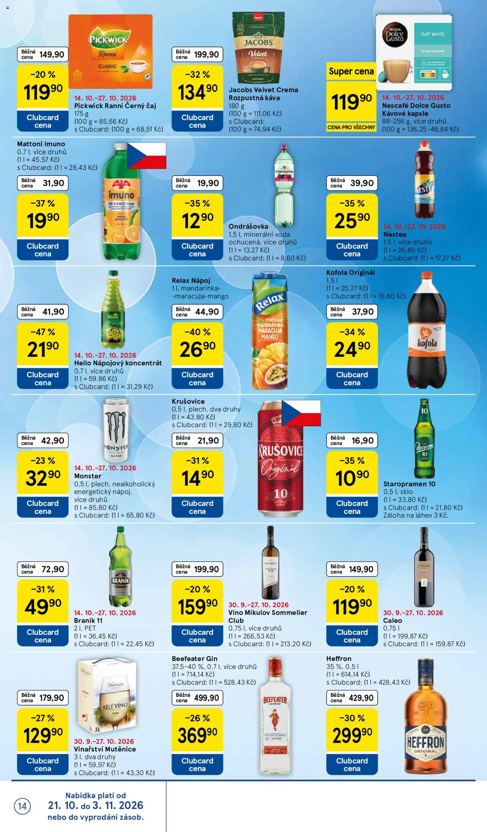 Tesco leták - Supermarket od 21.10.2026 | Strana: 14 | Produkty: Dolce Gusto, Rozpustná káva, Černý čaj, Minerální voda