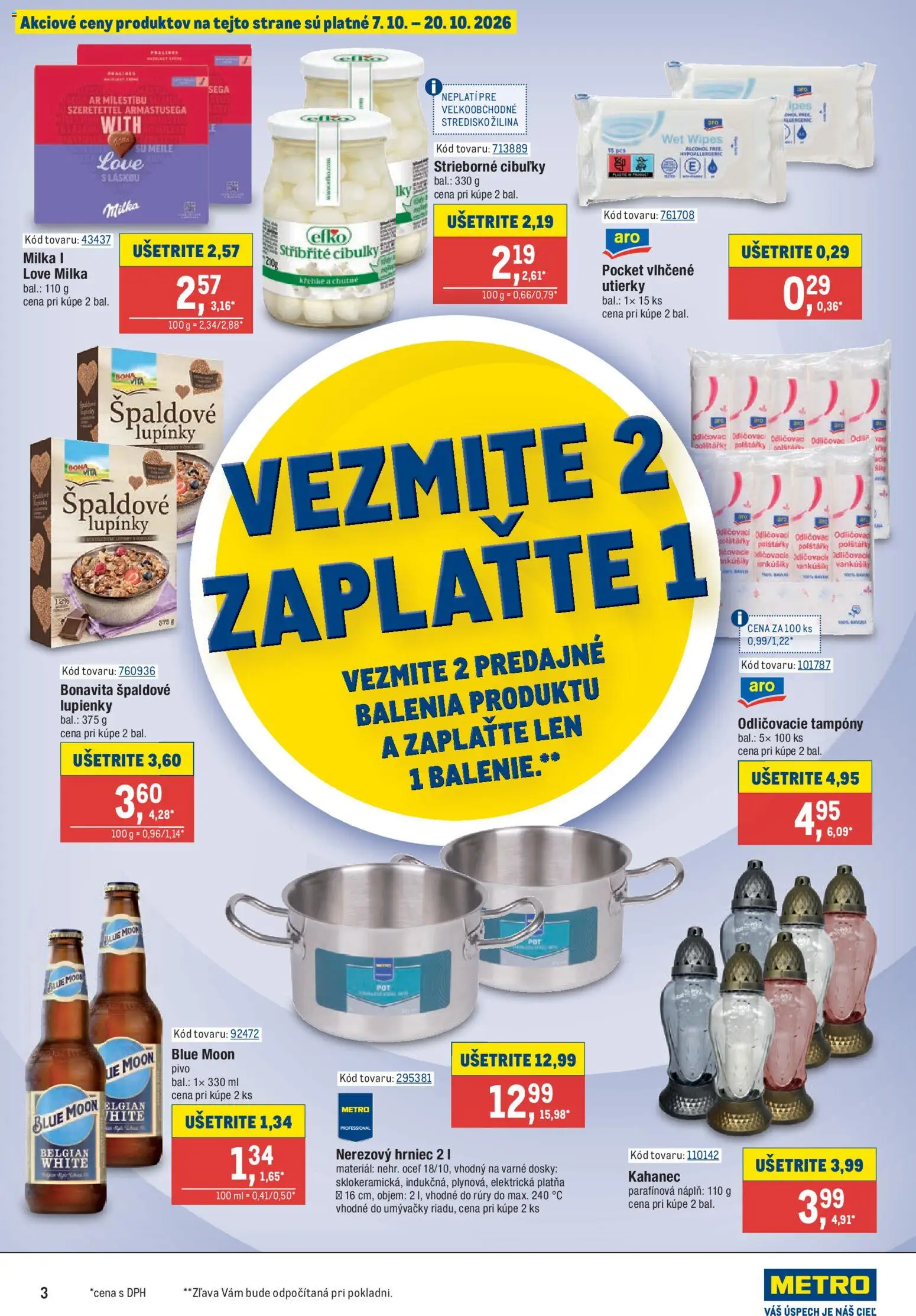 Nové Metro akcie – leták je platný od 07.10.2026 | Strana: 3 | Produkty: Pivo, Odličovač, Milka, Utierky