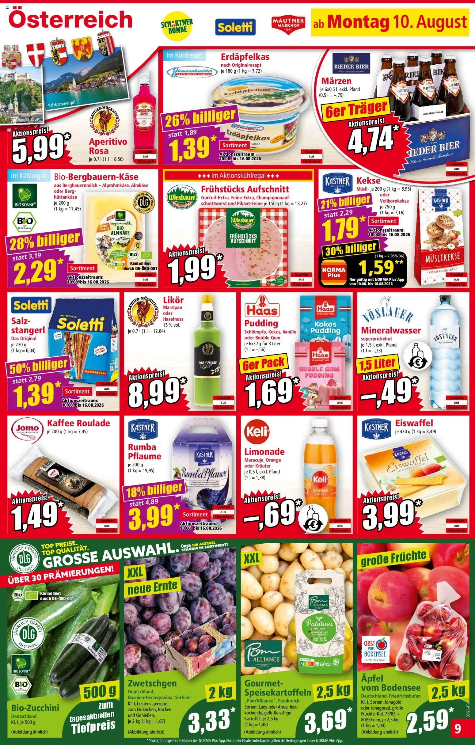 Norma Flugblatt gültig ab 10.08.2026 | Seite: 9 | Produkte: Hüttenkäse, Salz, Bier, Äpfel
