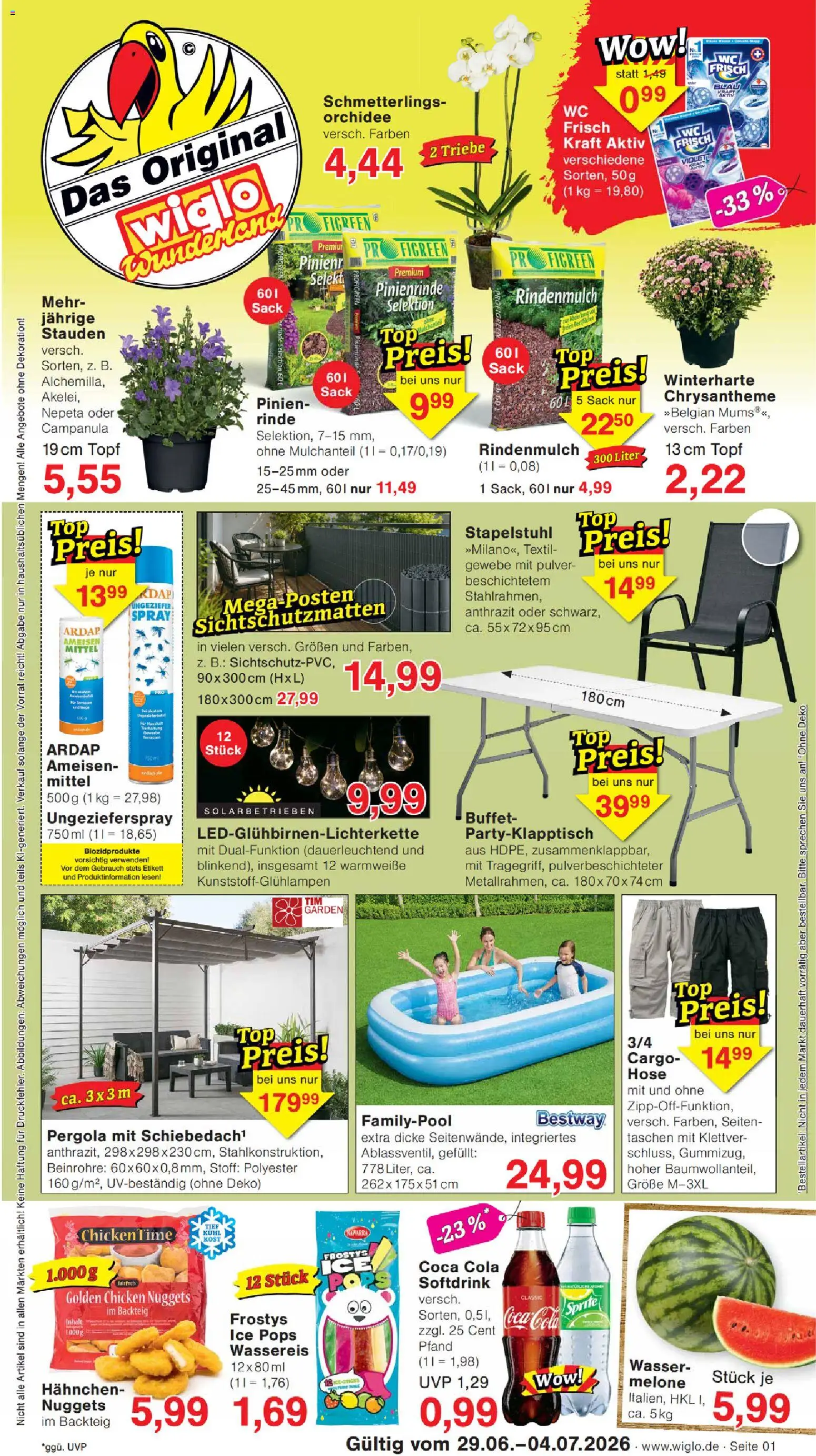 Wiglo Wunderland Prospekt – gültig ab 29.06.2026 | Seite: 1 | Produkte: Hahnchen, Sprite, Cola, Wasser