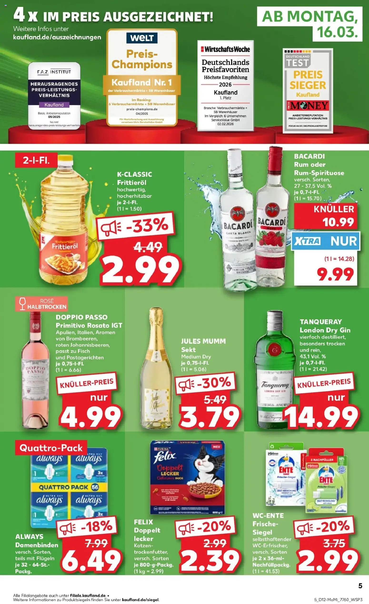 Kaufland Prospekt Unterschleißheim	 – gültig ab 16.03.2026 | Seite: 5 | Produkte: Bacardi, Mumm sekt, Doppio passo primitivo, Ente