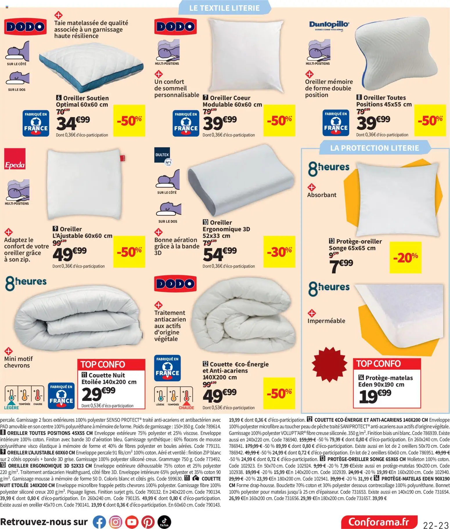 {H1} | Page: 23 | Produits: Coton, Mousse, Oreillers, Dodo