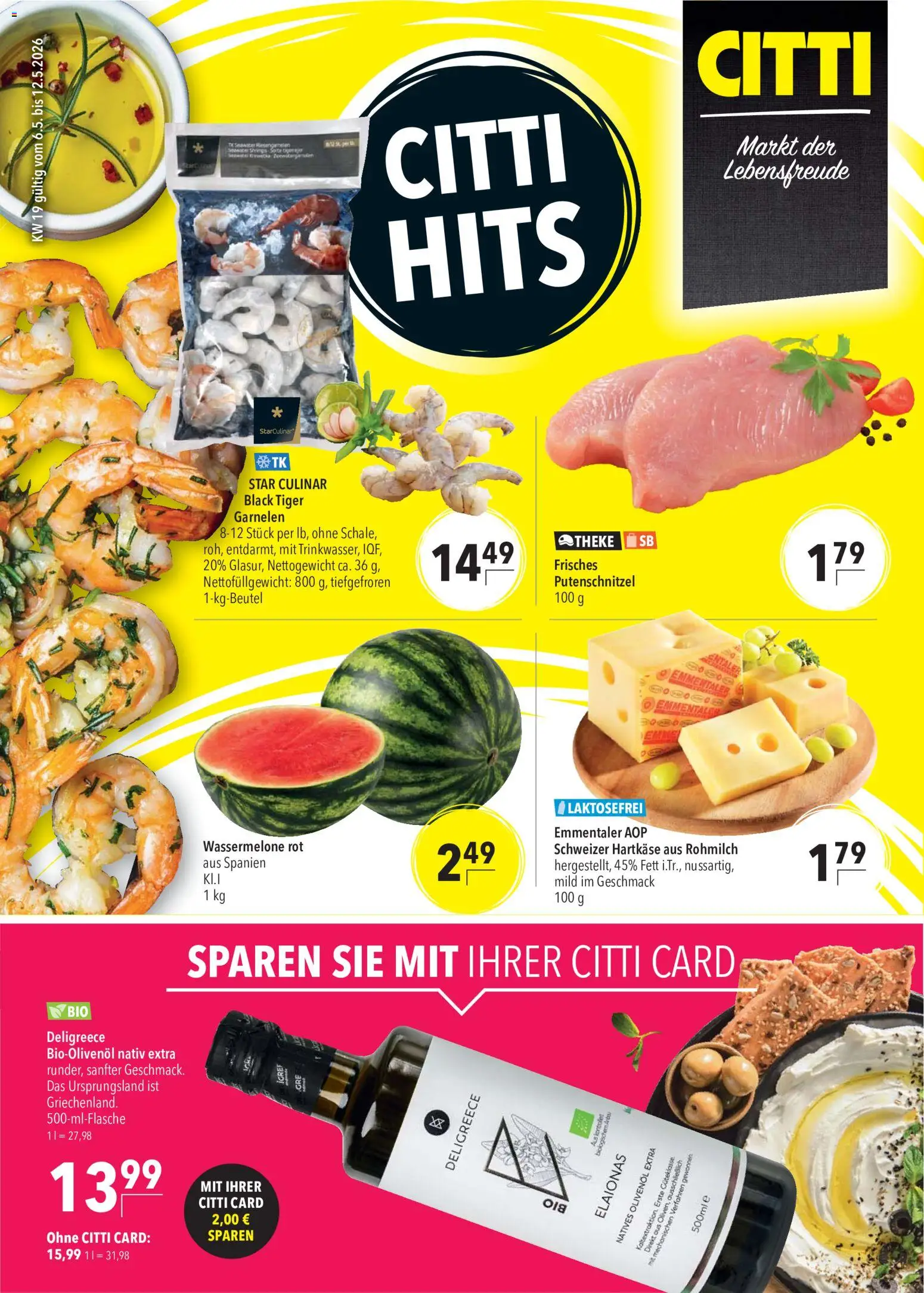 CITTI Markt Prospekt CITTI HITS – gültig ab 06.05.2026 | Seite: 1 | Produkte: Theke, Putenschnitzel, Wassermelone, Tiger garnelen