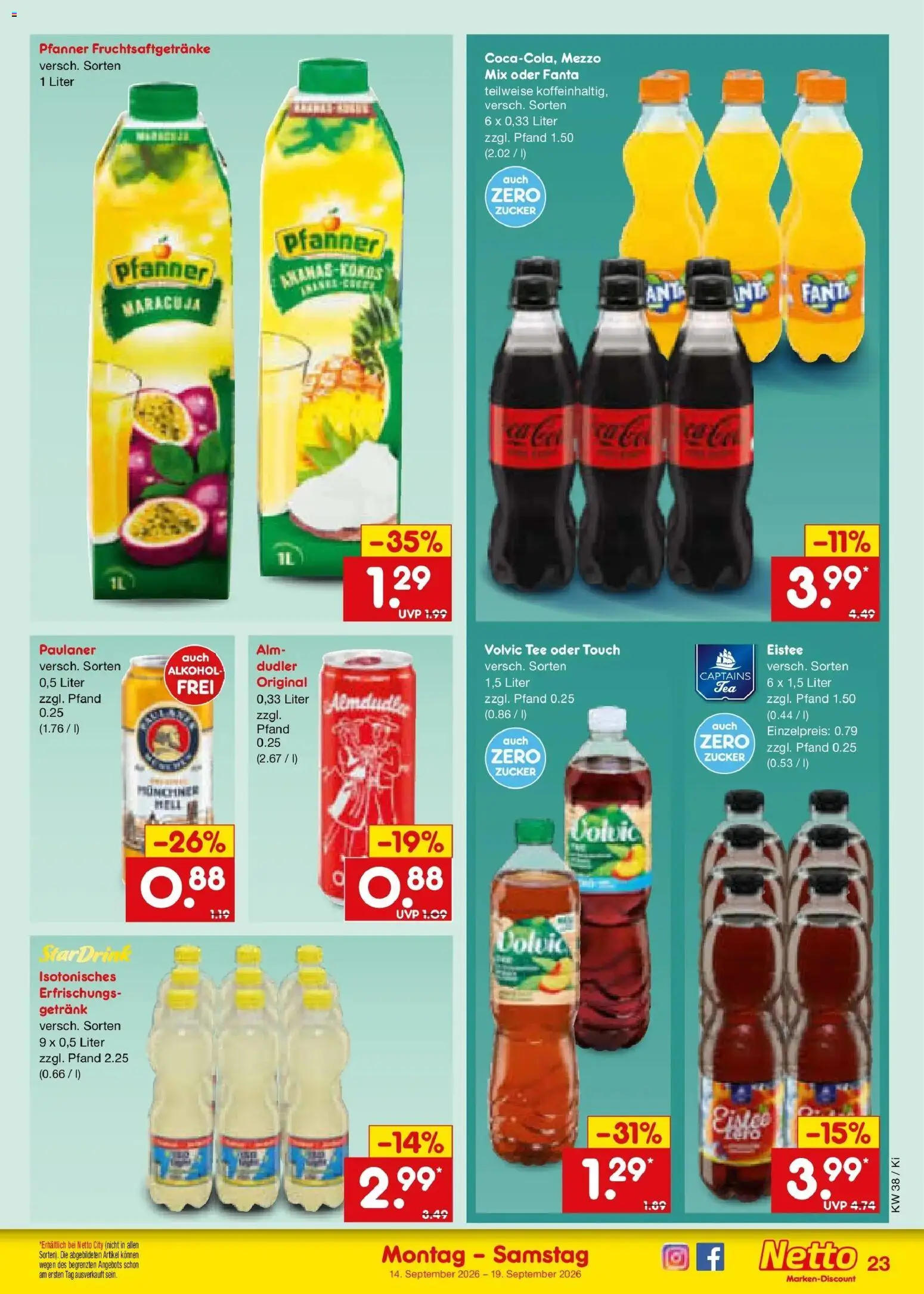 Netto Marken-Discount Prospekt Nürnberg – gültig ab 14.09.2026 | Seite: 33 | Produkte: Volvic tee, Zucker, Volvic, Paulaner