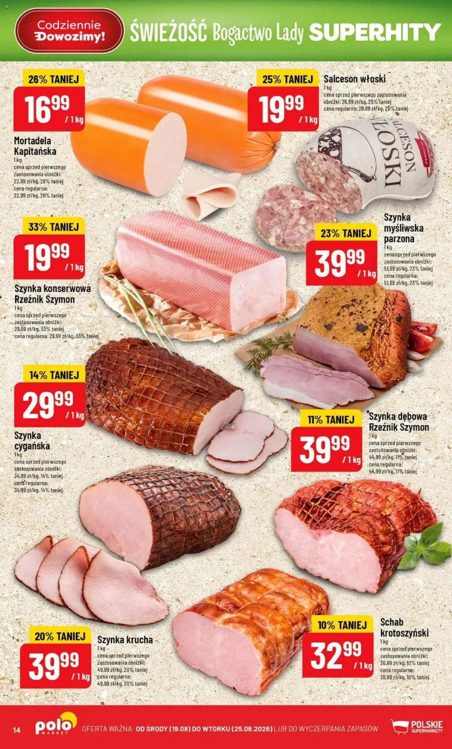 Nowa POLOmarket gazetka od jutra 19.08.2026 | Strona: 14 | Produkty: Mortadela, Szynka konserwowa, Szynka, Salceson