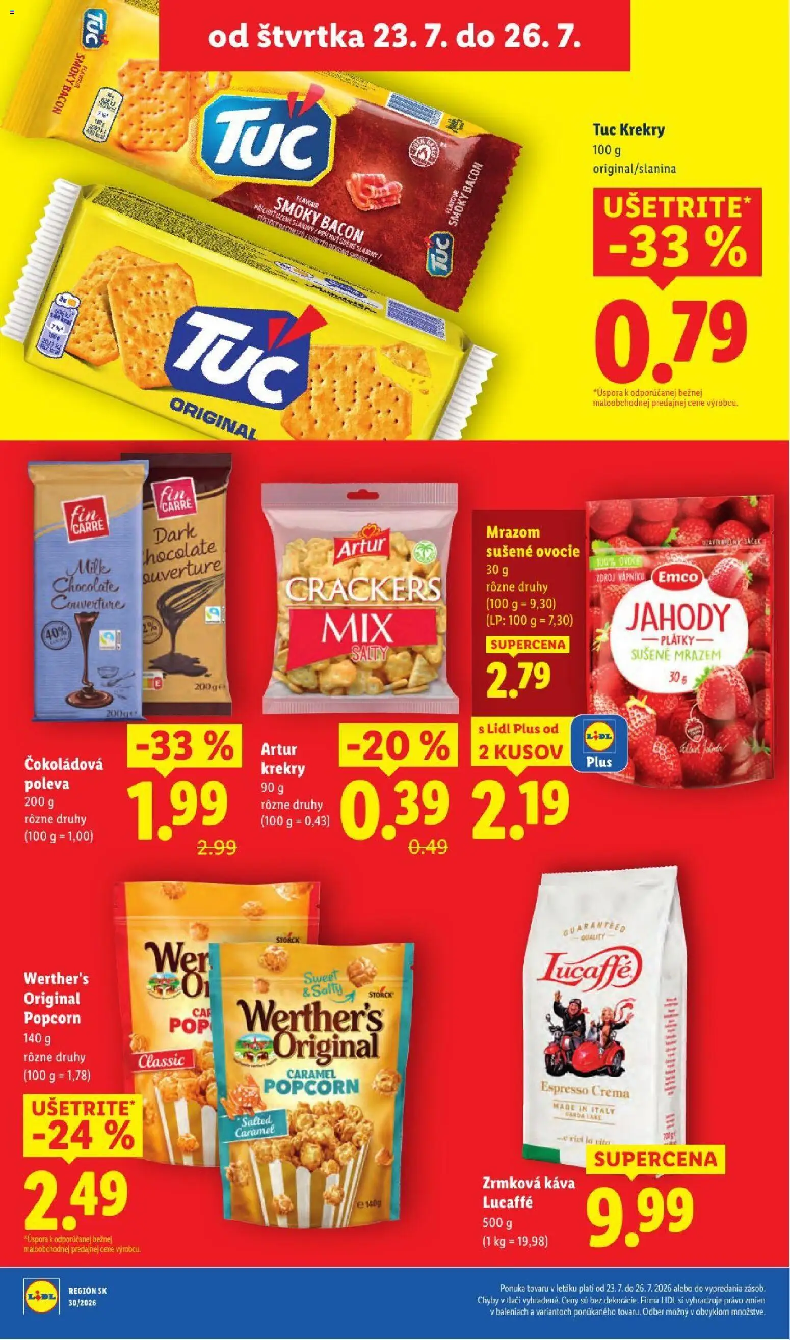 Nové Lidl akcie – leták je platný od 20.07.2026 | Strana: 84 | Produkty: Krekry, Mrazom sušené ovocie, Zrnková káva, Ovocie