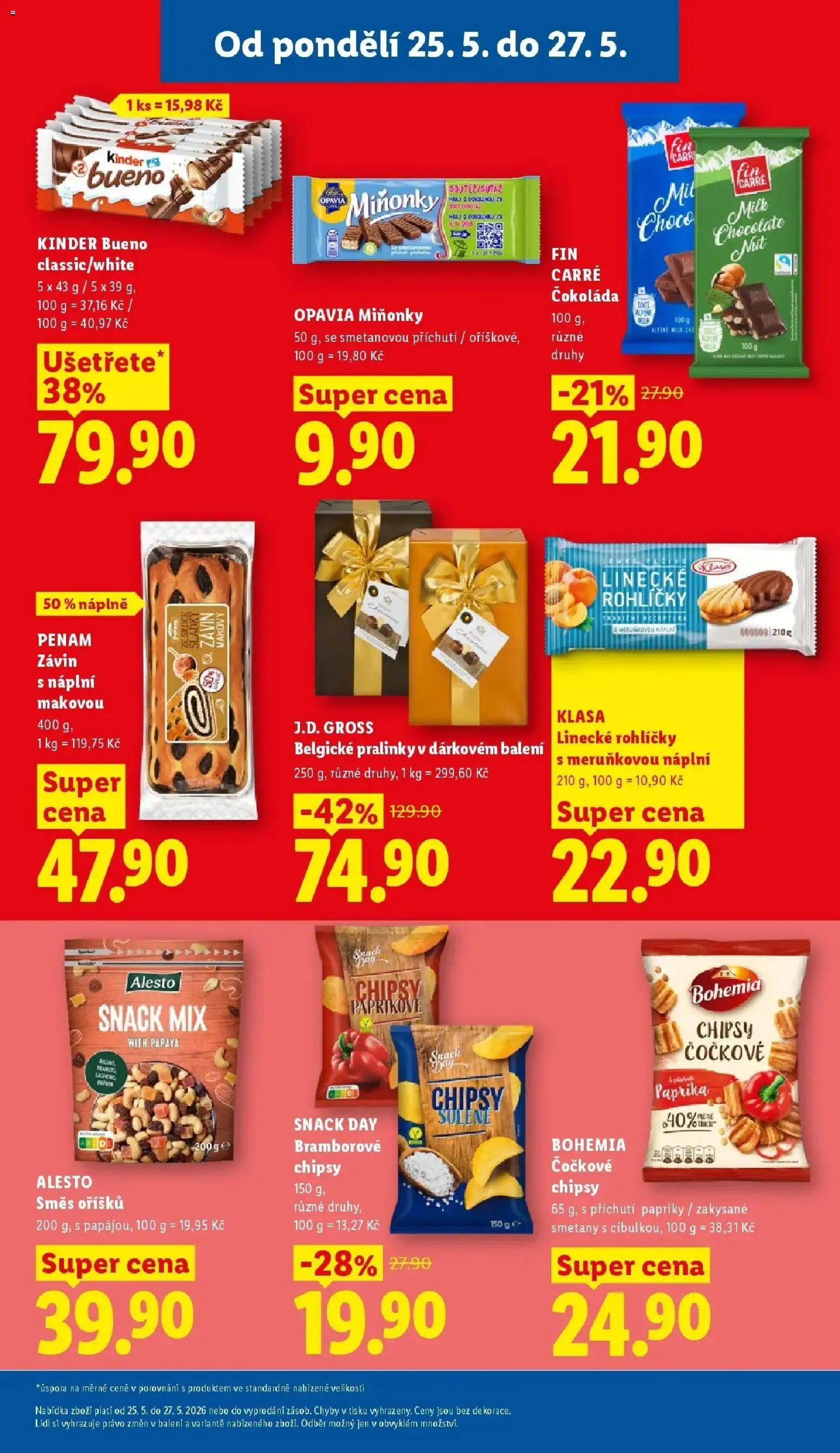 Lidl aktuální leták od 25.05.2026 | Strana: 27 | Produkty: Linecké rohlíčky, Chipsy, Čokoláda Fin Carré, Milk chocolate