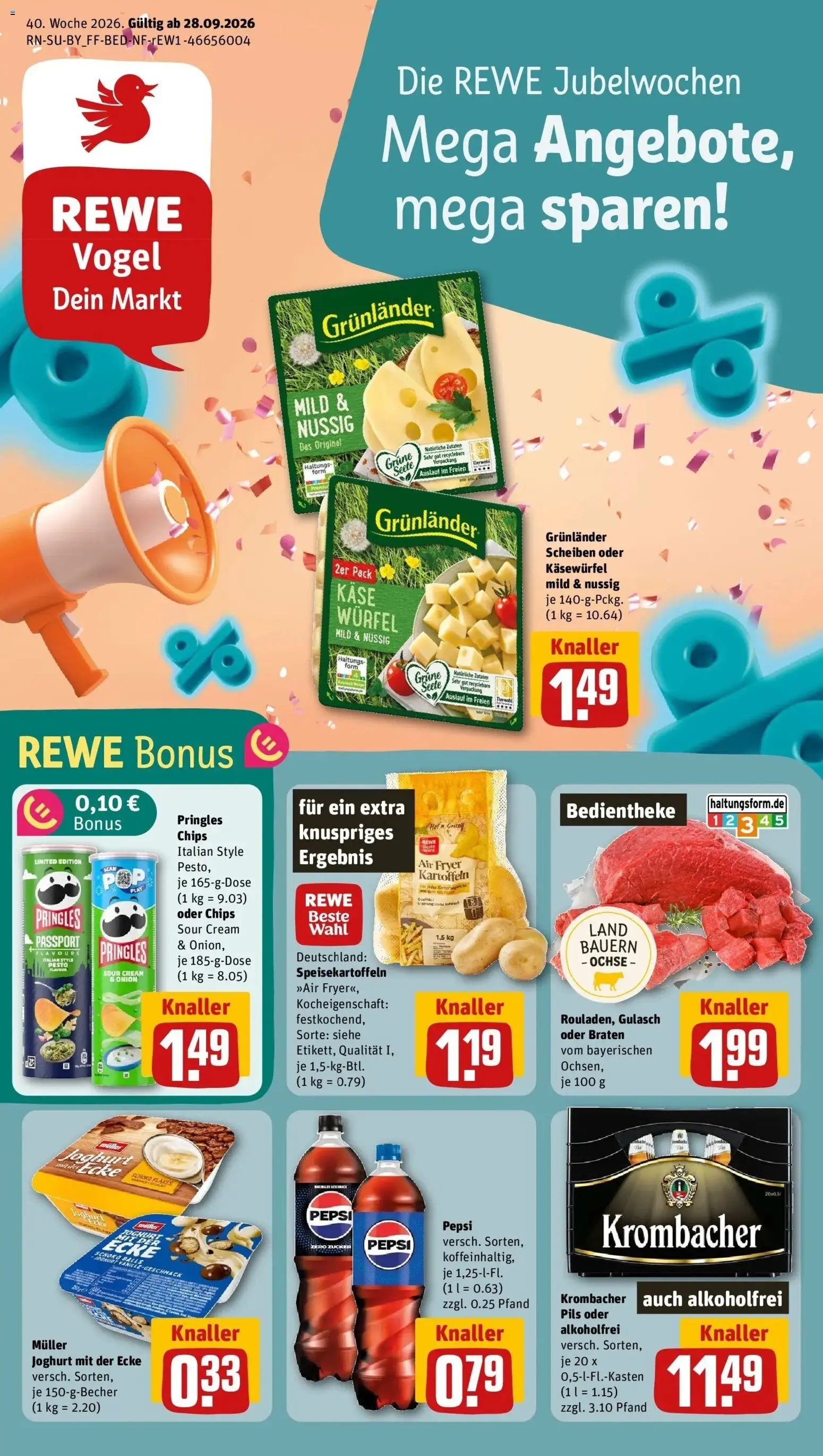 REWE Prospekt ab 28.09.2026 zum Blättern » Angebote | Seite: 1 | Produkte: Joghurt, Pils, Grunlander, Pringles