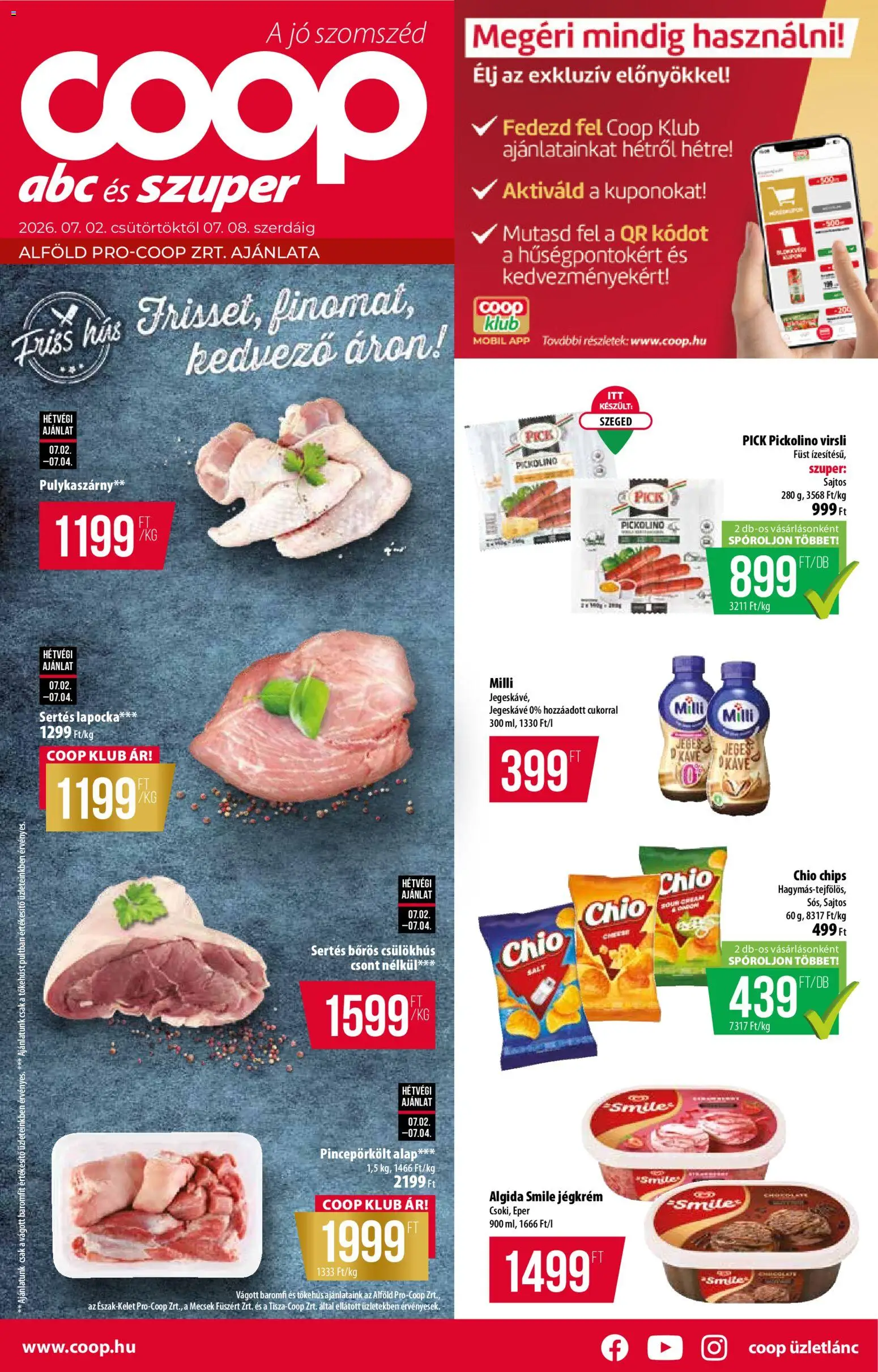 COOP akciós ujság - amely érvényes a következő dátumtól: 02.07.2026 | Oldal: 1 | Termékek: Virsli, Chips, Jegeskávé, Jégkrém