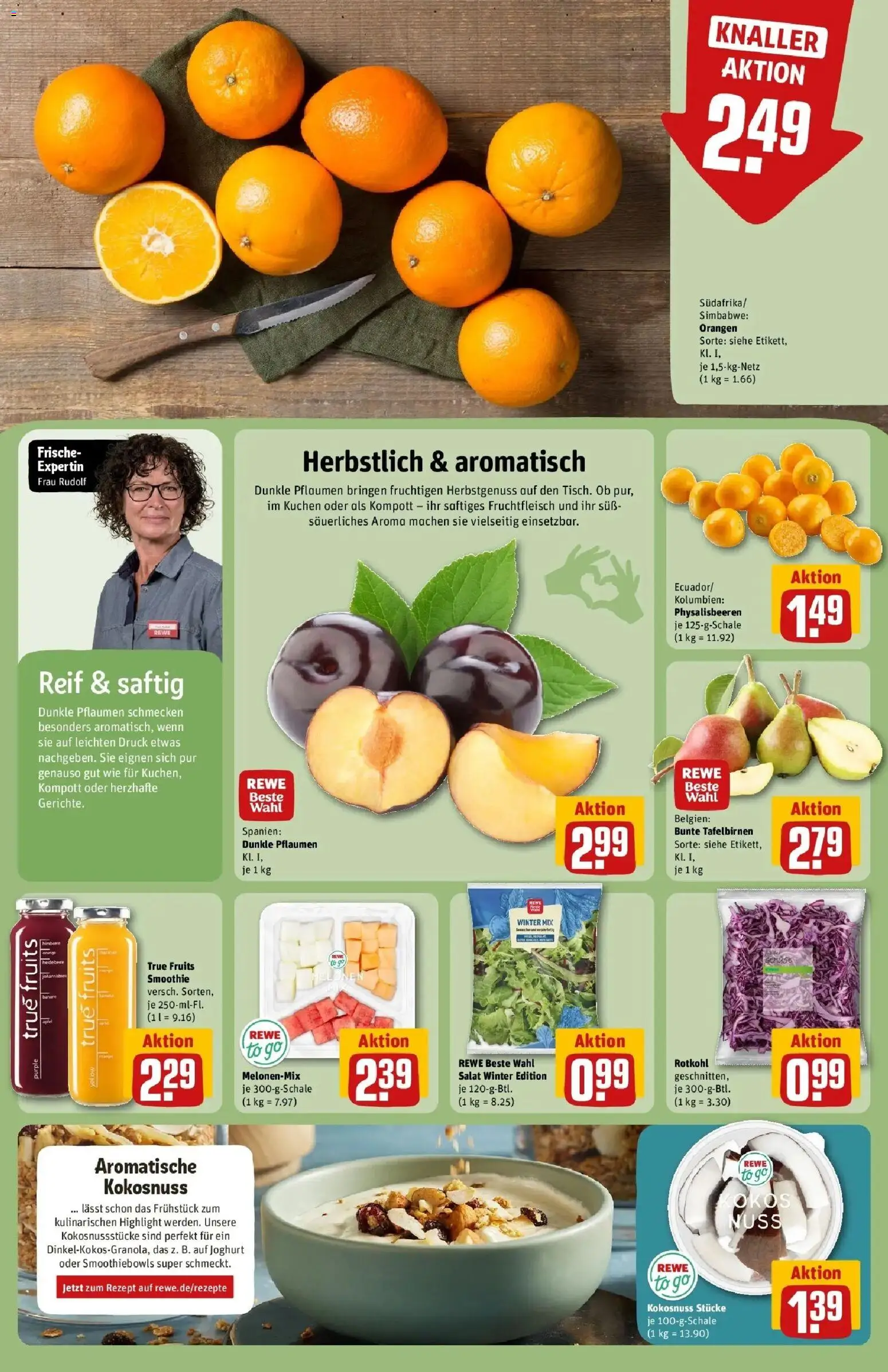 REWE Prospekt ab 05.10.2026 zum Blättern » Angebote | Seite: 8 | Produkte: Pflaumen, Joghurt, Orangen, Salat